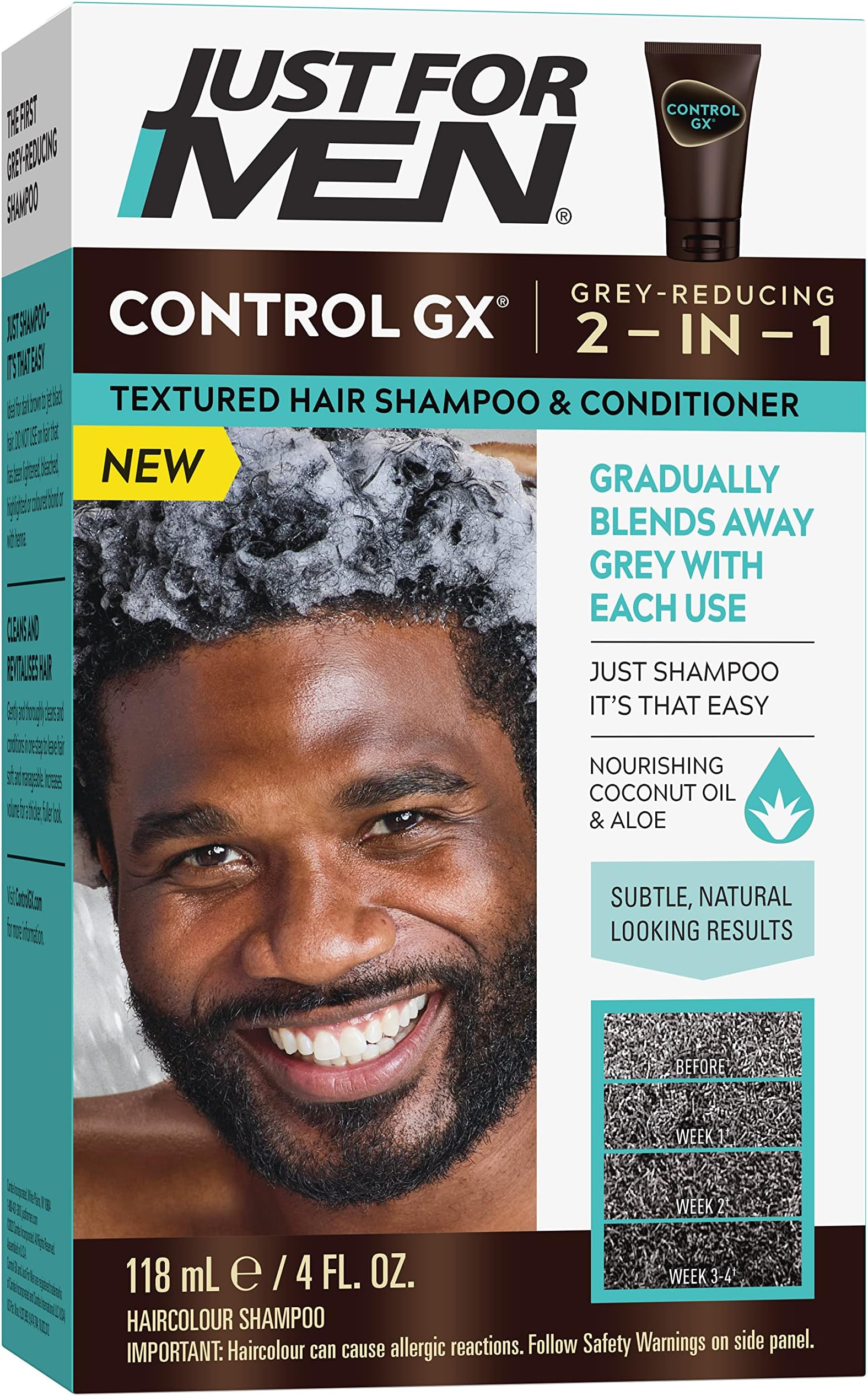 Just for Men Control GX Grey Reducing Shampoo for Textured Hair, Gradual Hair Color for Men with Keratin, 4 Fl Oz - Pack of 1 (Packaging May Vary)