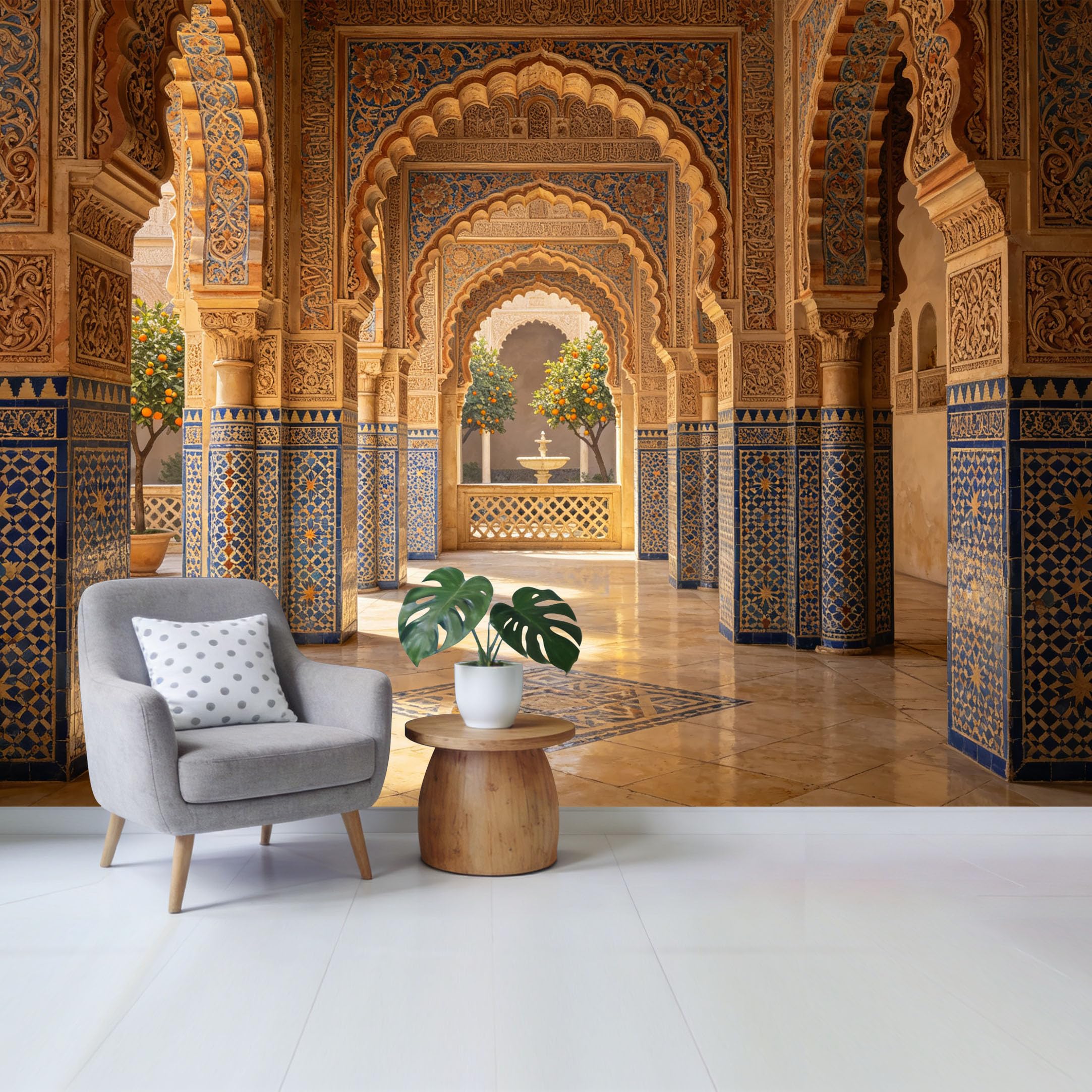 Removable Self Adhesive Fabric Mural， Moroccan Palace Architecture Custom Size Wall Covering， 3D Oriental Archway Orange Tree Garden UV Protected Waterproof Washable Wall Decor for Living