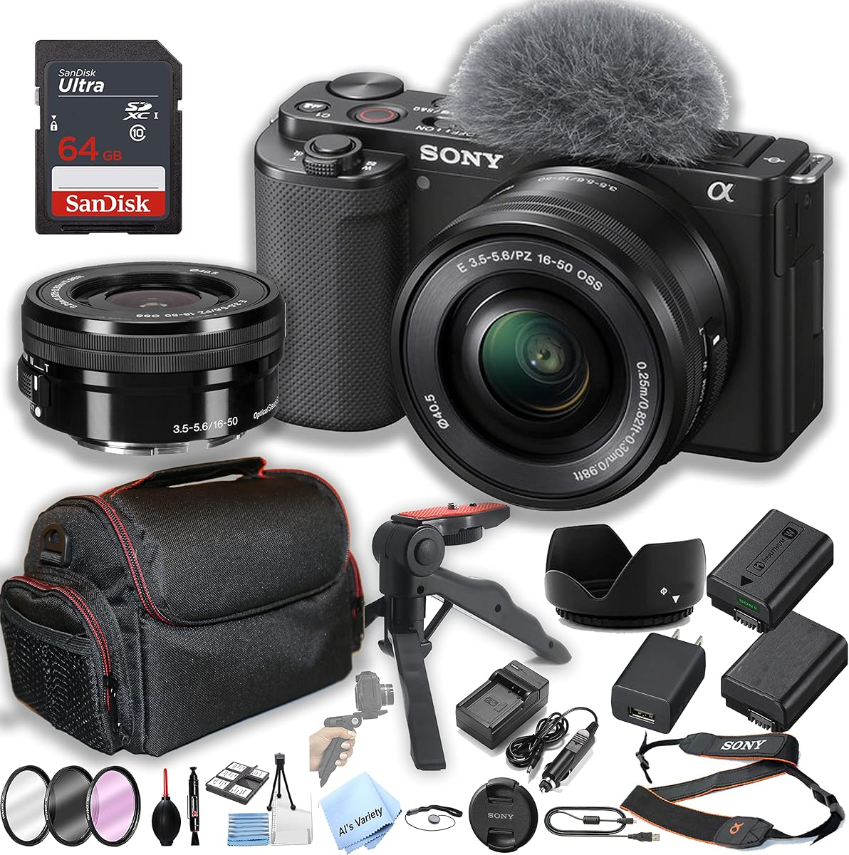 Sony ZV-E10 Mirrorless Camera with 16-50mm Lens + 64GB Memory + Case+ Steady Grip Pod + Filters + 2X Batteries + More (30pc Bundle) (Renewed)
