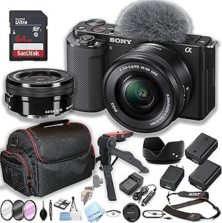 Sony ZV-E10 Mirrorless Camera with 16-50mm Lens + 64GB Memory + Case+ Steady Grip Pod + Filters + 2X Batteries + More (30pc Bundle) (Renewed)