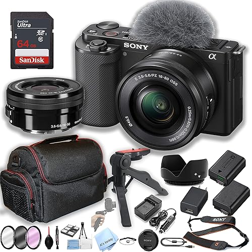 Sony ZV-E10 Mirrorless Camera with 16-50mm Lens + 64GB Memory + Case+ Steady Grip Pod + Filters + 2X Batteries + More (30pc Bundle) (Renewed)