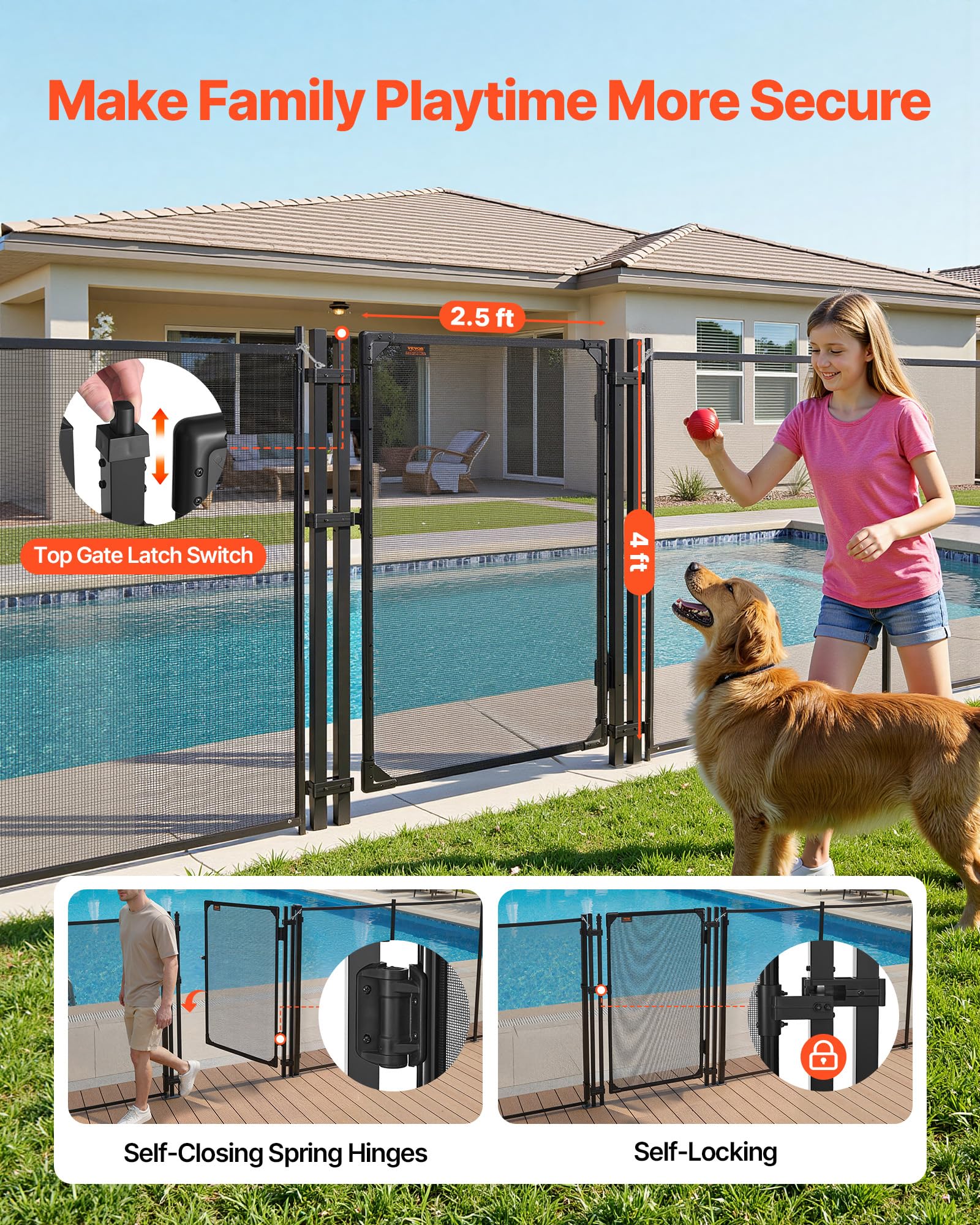 VEVOR Puerta de Seguridad para Piscina 1,2 x 0,75 m, Puerta de Malla Enterrada, Cerradura Automática, con Protectores de Esquinas Redondeados Estacas de Tierra, Multiusos para Jardín Mascota, Negro