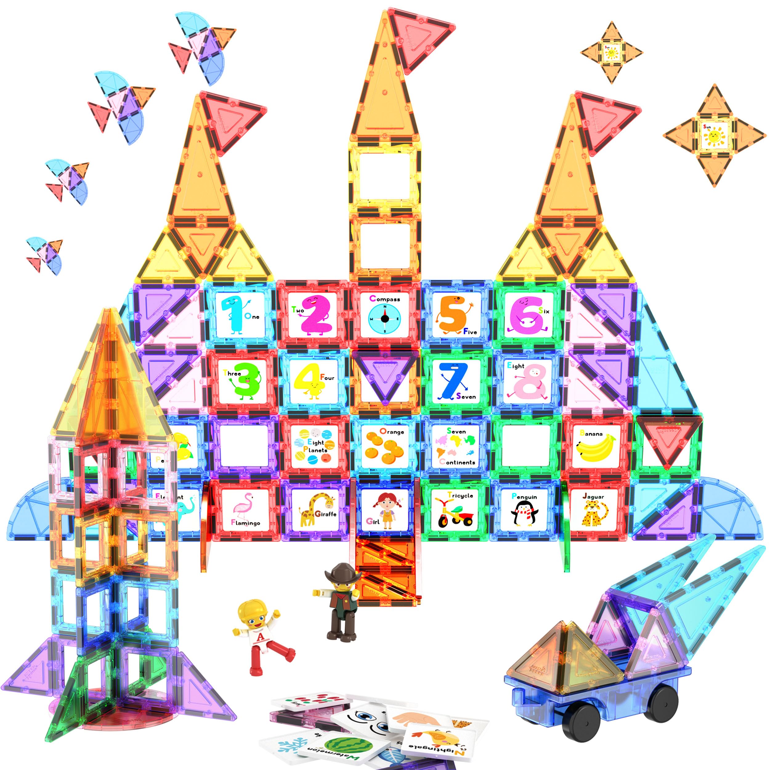 PicassoTiles 121pc Master Builder Magnetic Building Block Construction Set Blocs de tuiles aimantées avec Camion de Voiture, 2 Figurines d'action de caractère, 28 Animaux de l'alphabet éducatif