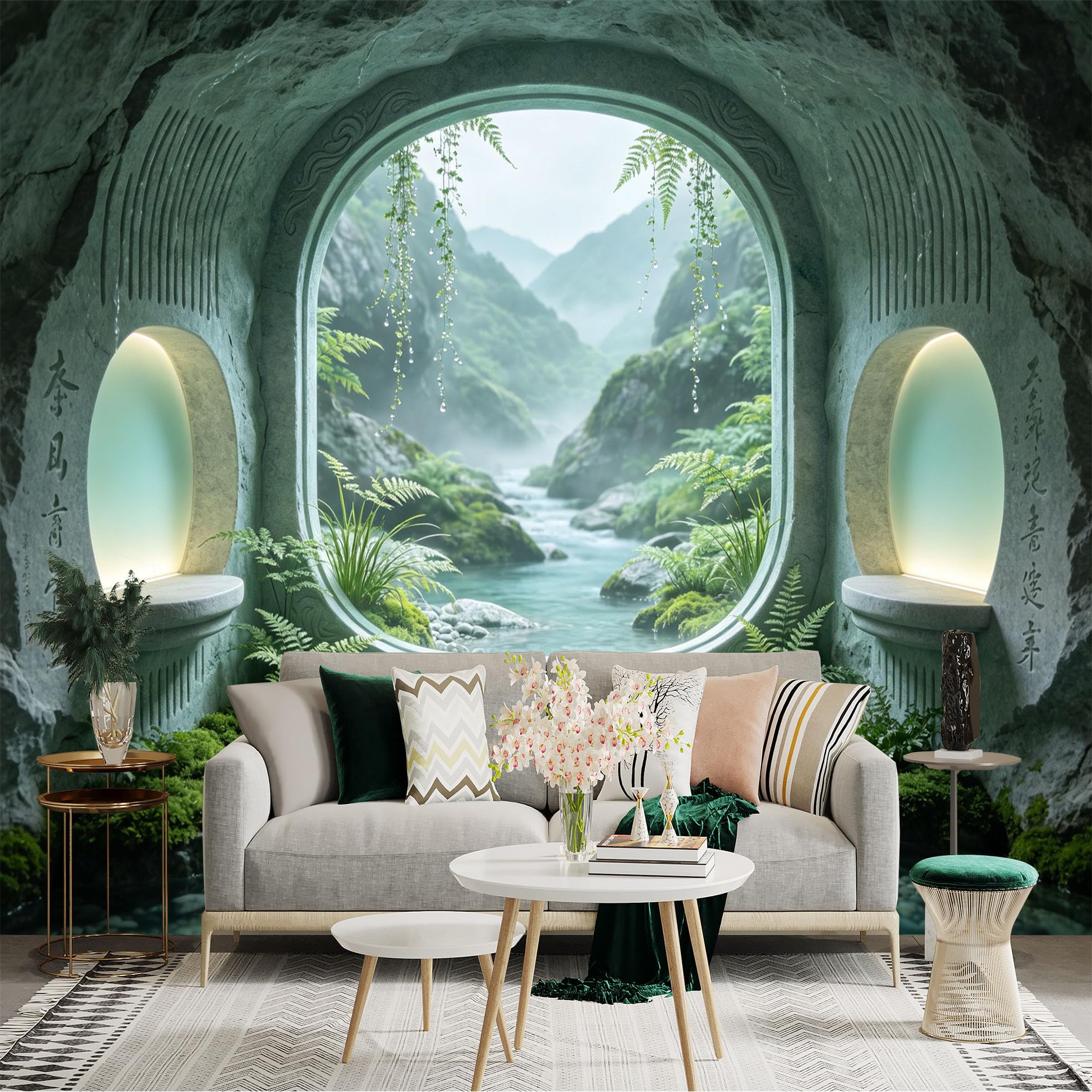 Custom Size Wall Sticker Mural， Scenic Mountain River View with Lush Greenery and Stone Window， for wall Decoration， peelandstick wall Decals.