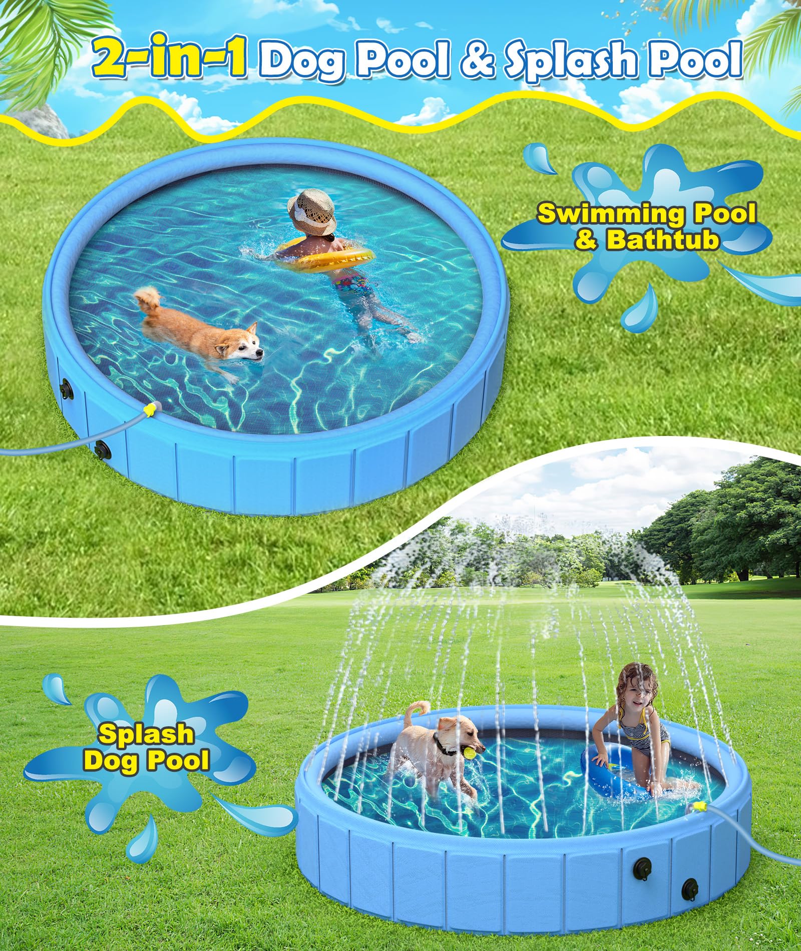 EPN Large Foldable Dog Pool – 0.55MM PVC 2-in-1 Portable Bathtub & Sprinkler for Dogs, Cats, Kids – Heavy Duty, Non-Slip, Summer Water Toy (106 in) - image 2