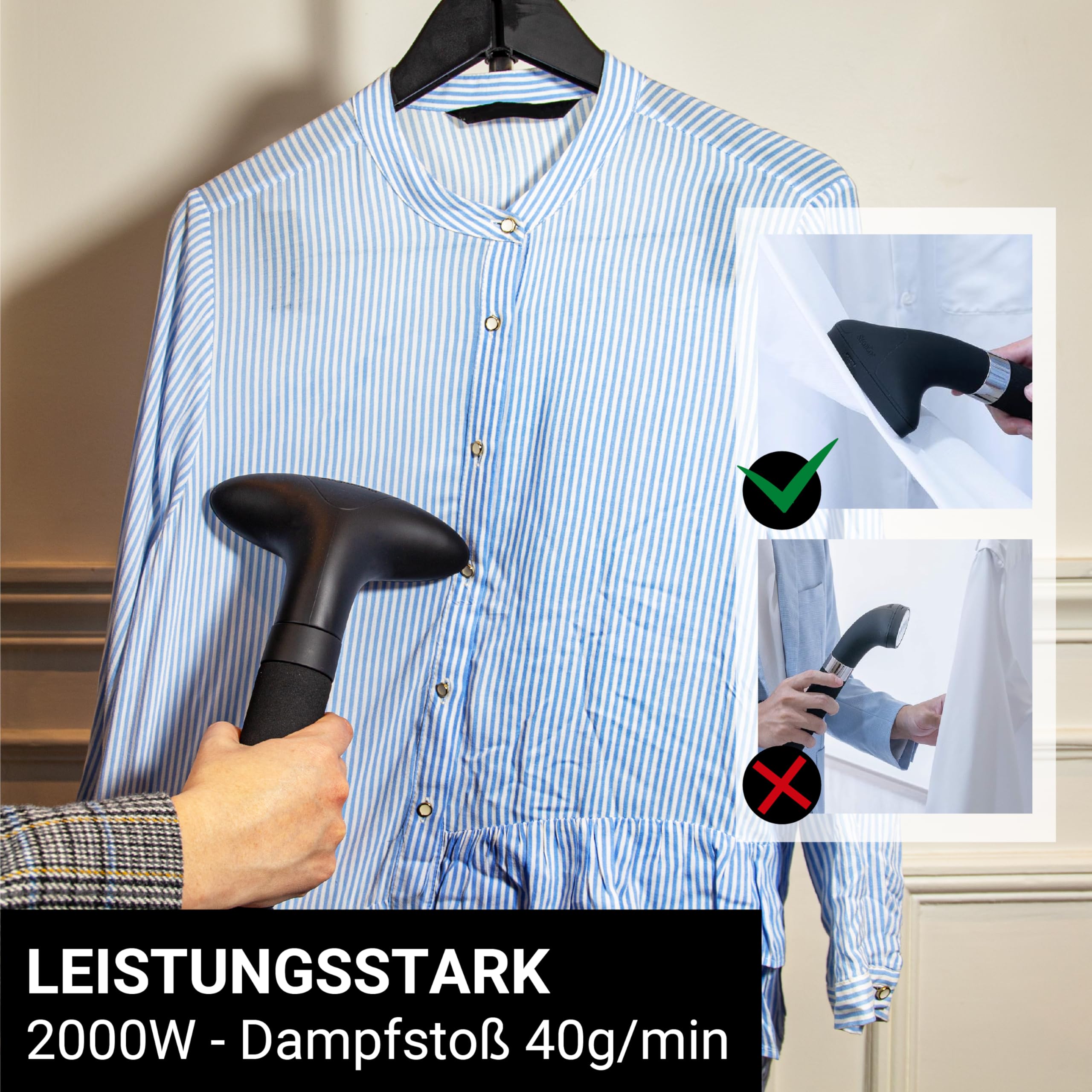SteamOne Vertikaler Steamer Dampfglätter Schwarz 2000W - 3,5L Profi | Vertikaler Profi-Steamer, 2000W, 3,5L Tank, 90min Laufzeit, 4 Räder, Kleiderbügel für 10 Kleidungsstücke, T2000B