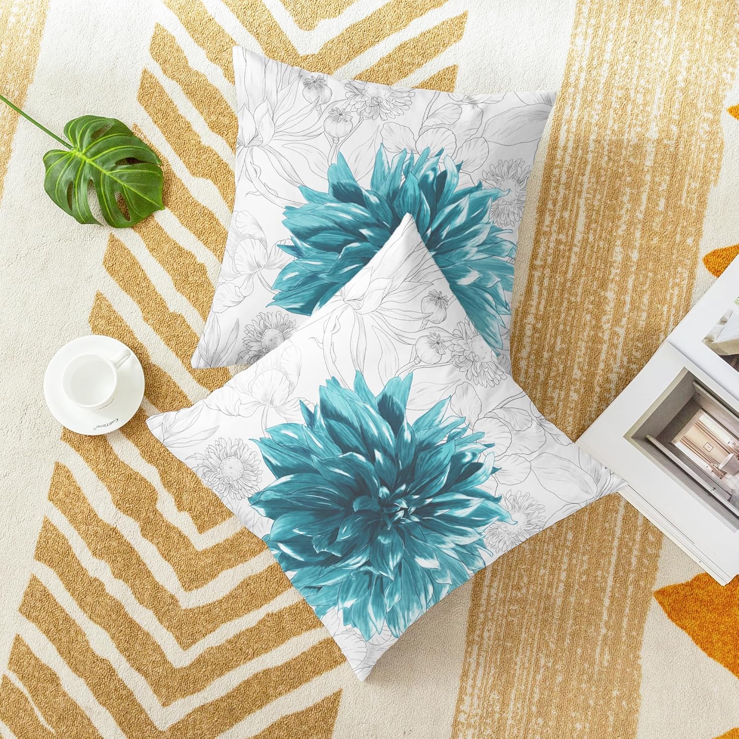 CaliTime Throw Pillow Covers Decorative 22 X 22 Inches Pack of 2 Cozy Fleece Colorful Dahlia Flower Simple Strokes Flora Background Cushion Cases for Couch Bed Sofa Farmhouse Decoration Teal Grey