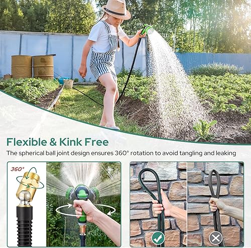 Miniatura 3 de HOMEIDEAS Manguera de jardín de goma de 25 pies con boquilla, diseño a prueba de fugas y sin torceduras, rótula esférica de rotación libre,