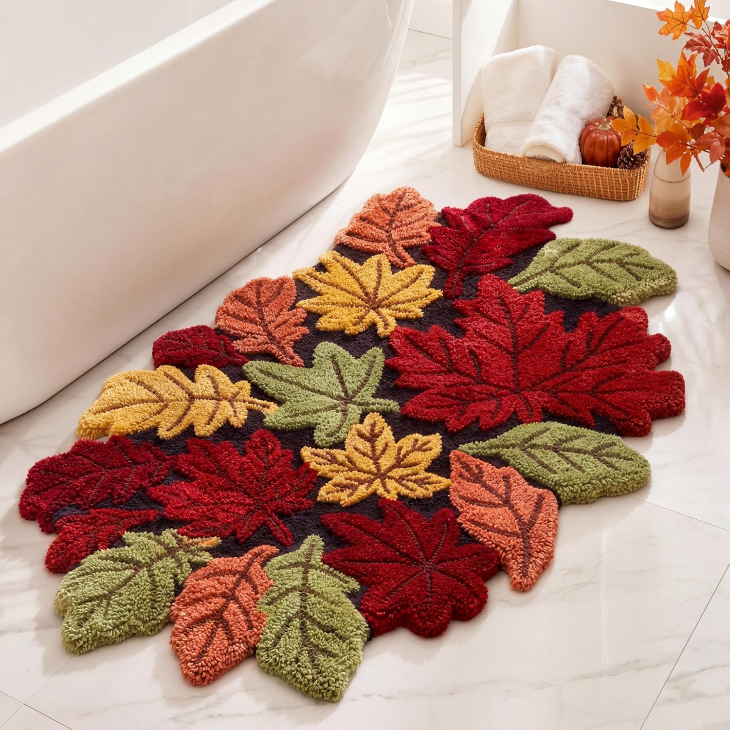 Fall Bathroom Rugs 30x18 Inch Maple Leaf Rug Autumn Bath Mat Front Door Mat Hand Tufted Fluffy Water Non Slip for Tub Shower Bath Doormat Fall for Bathroom Home Indoor Outdoor Decor Thanksgiving Decor