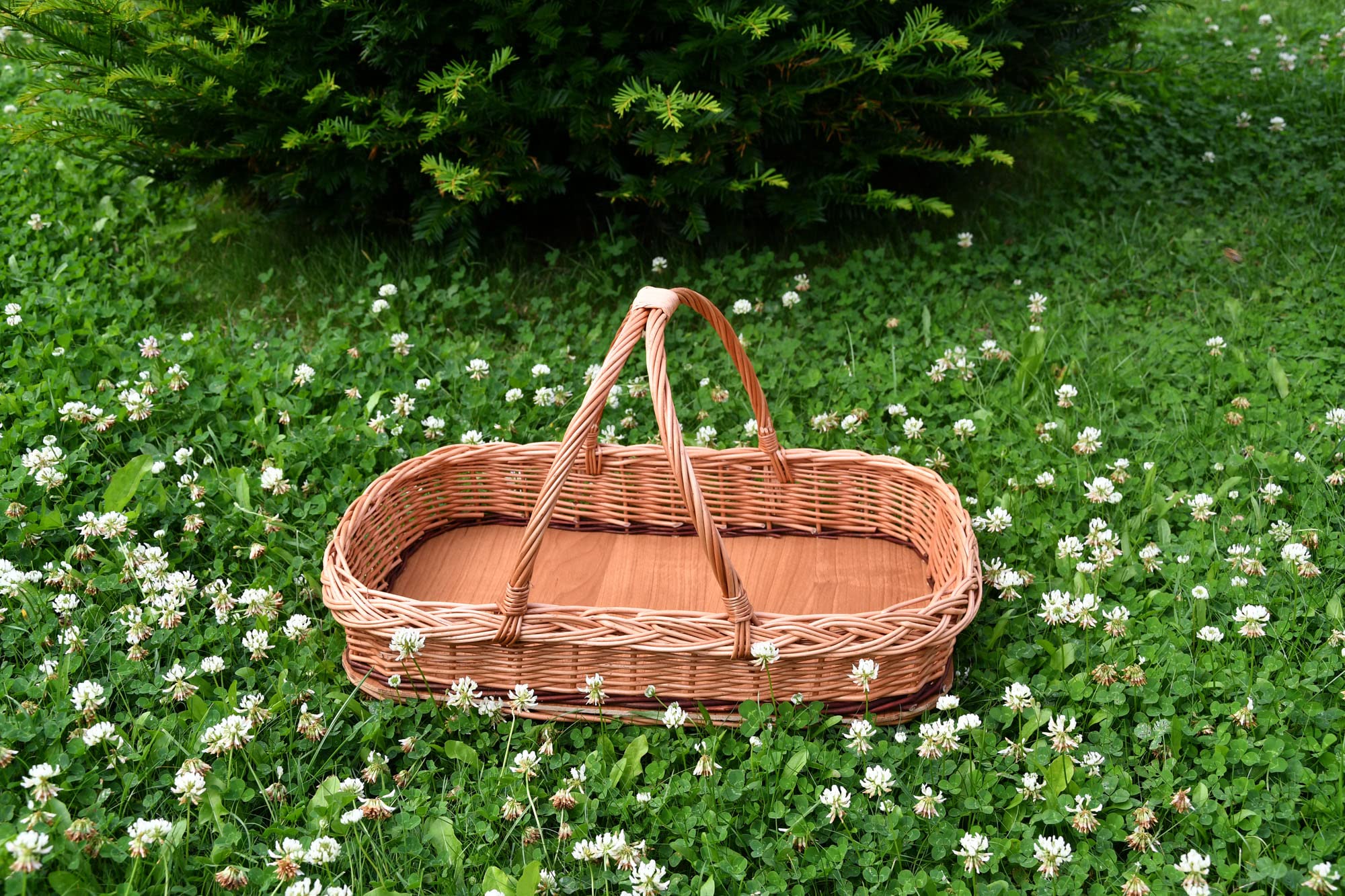 K2-136 Plateau de service en osier pour fruits, pain, pâtisseries, panier en osier, panier de transport, 46 x 30 x 8 cm (25 cm avec anse), marron, fait main