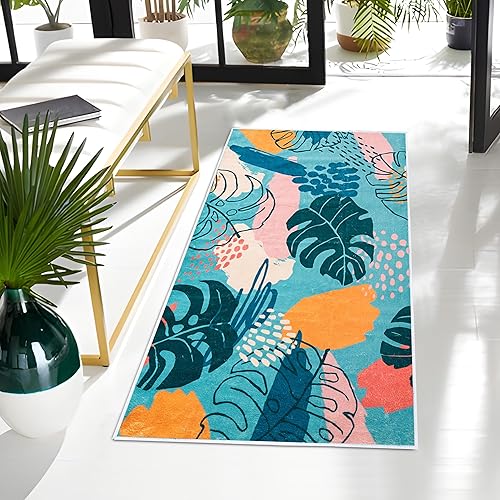 Alfombra de área pequeña de 2 x 4.3 pulgadas, ultrafina, antideslizante, lavable, con estampado botánico, alfombra de cocina de estilo bohemio para
