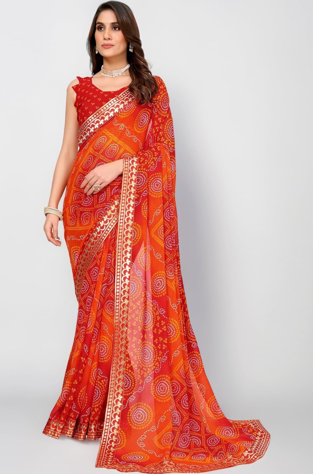 Womens latest Georgette Saree With Lace and Blouse Material