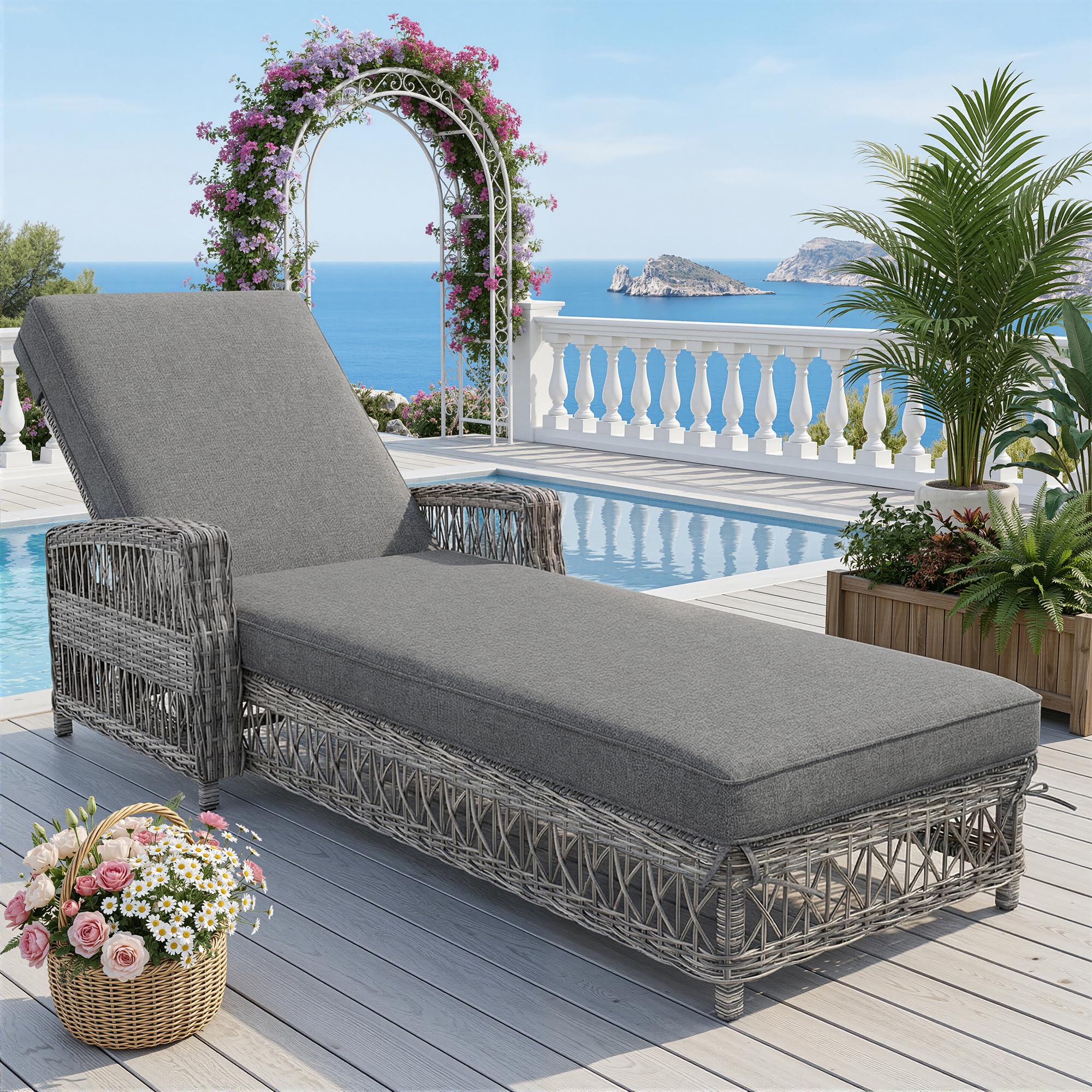 Chaise longue d'extérieur en rotin résistante aux intempéries avec dossier