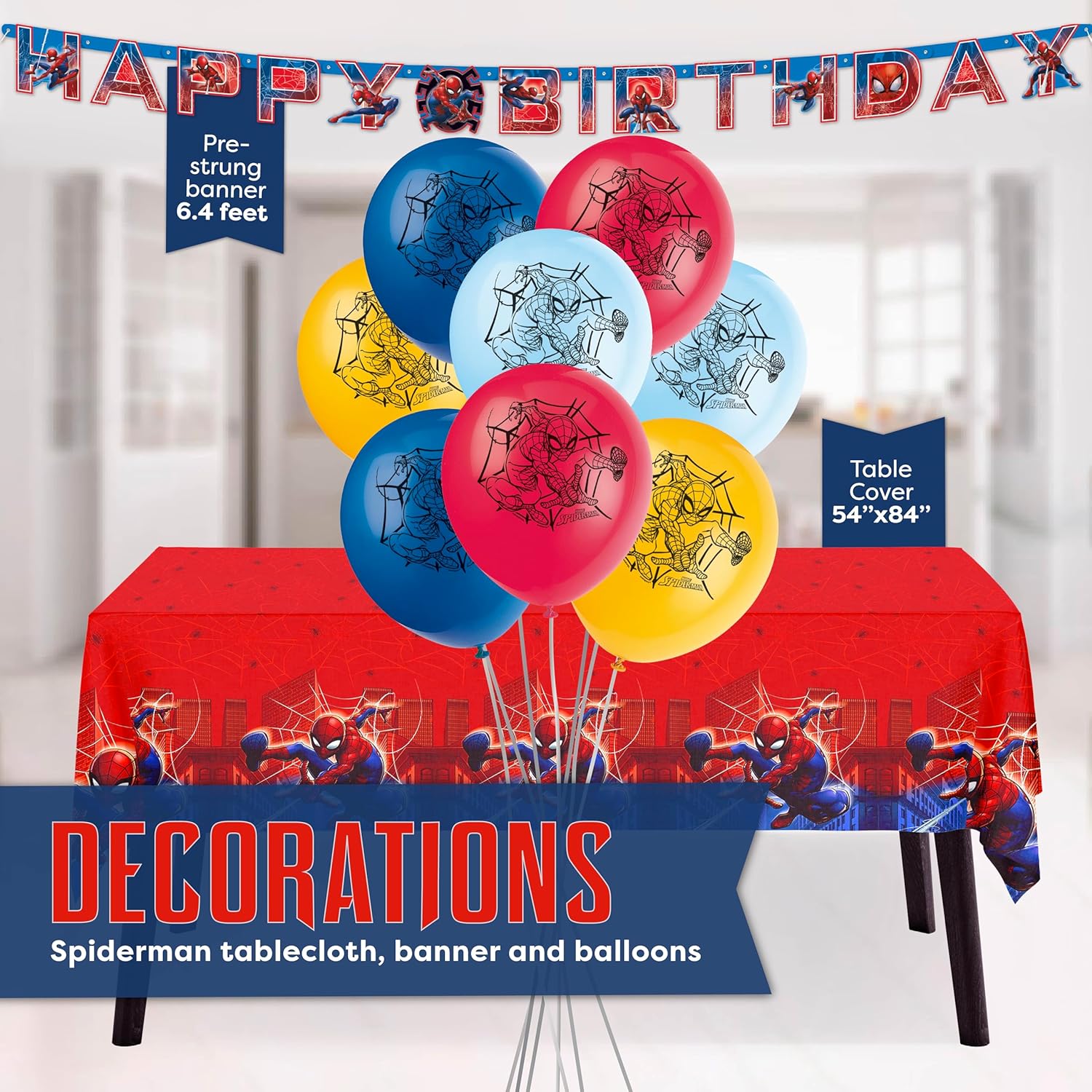 Spiderman Birthday Decorations | Serves 16 | Balloons, Banner, Tablecloth, Tattoos, Plates, Napkins | Spiderman Party Decorations