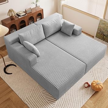 LUCKHAO 74.8" W Oversized Chaise Lounge Chair, Sectional Double Lounge Chaise with Pillows, Upholstered Corduroy Recliner, Fluffy Modern Loveseat Sleeper Sofa for Living Room or Bedroom Grey