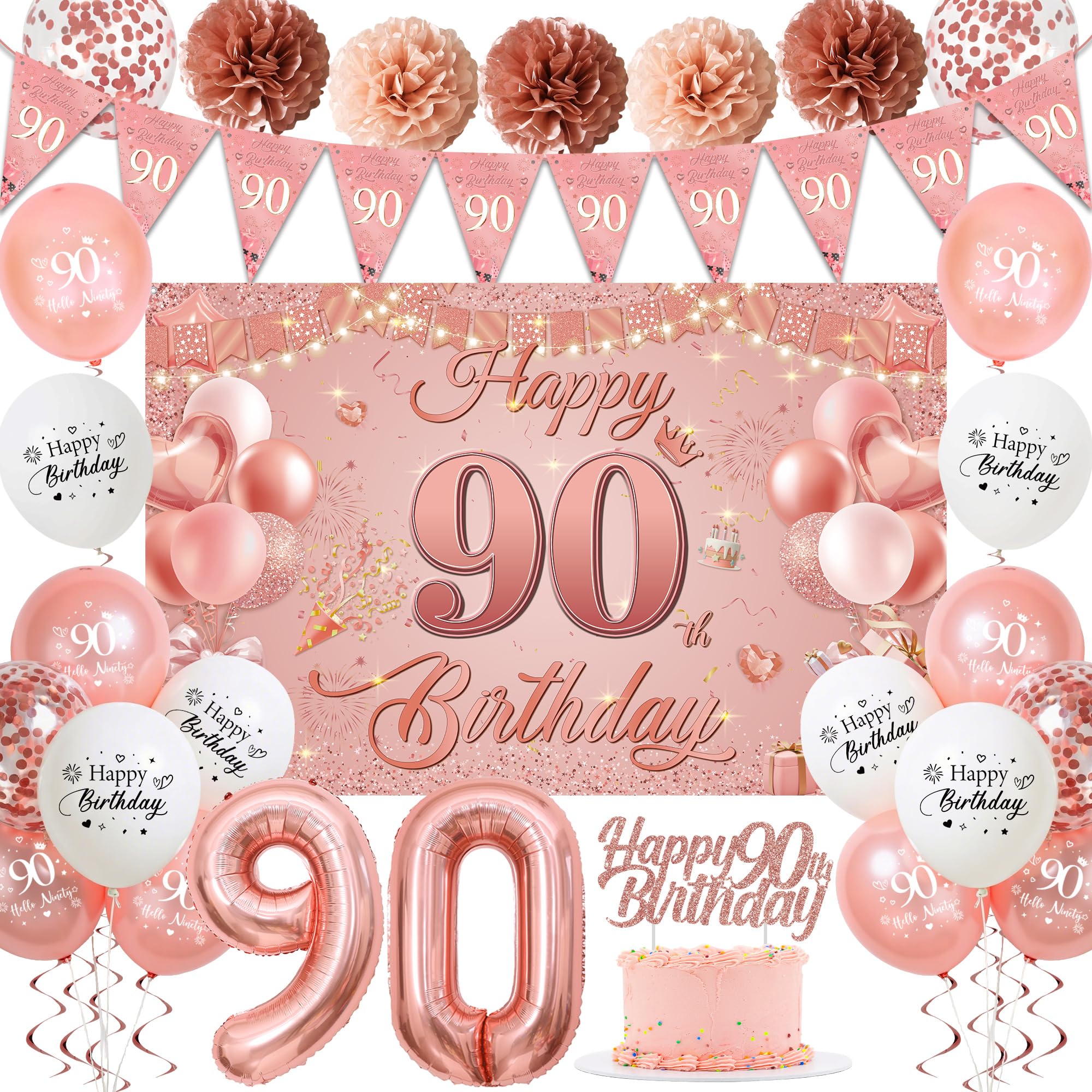 90th Birthday Decorations for Women - Pink Rose Gold 44Pcs 90th Bday Balloon Backdrop Set with Pennant Banner Number 90 Balloons, Photo Backdrop Pom Poms Cake Topper for 90 Year Old Party