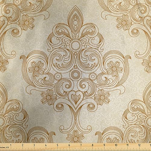 Ambesonne Tela marfil de The Yard, patrón barroco vintage con líneas de flores curvas, arte adornado estilo rococó, tela de satén decorativa para