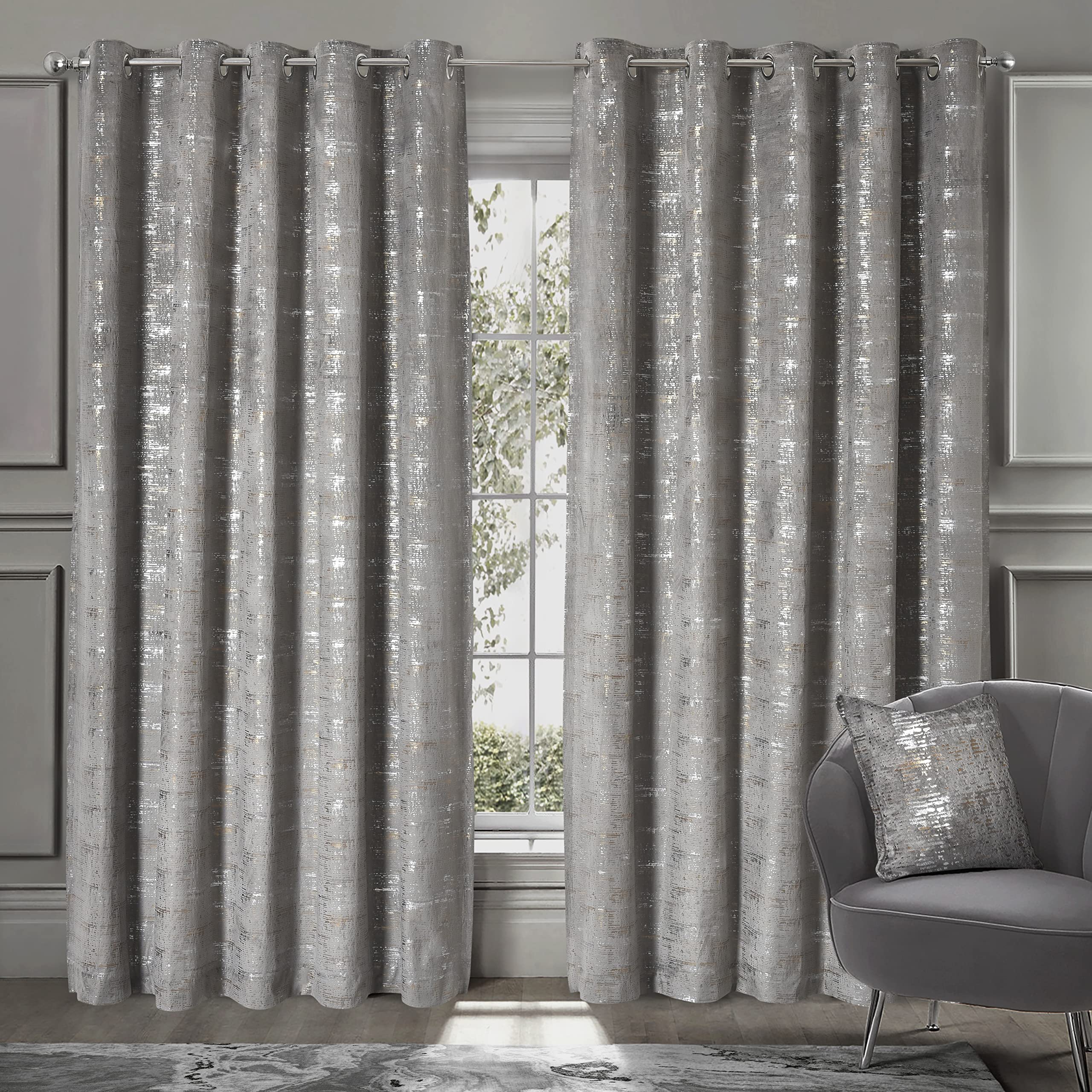 Intimates Luxury Velvet Thermal Metallic Sparkly Shimmer Finish Eyelet Ring Top Curtain Panel Pair Fully Lined (Silver, 66" Width x 72" Drop)