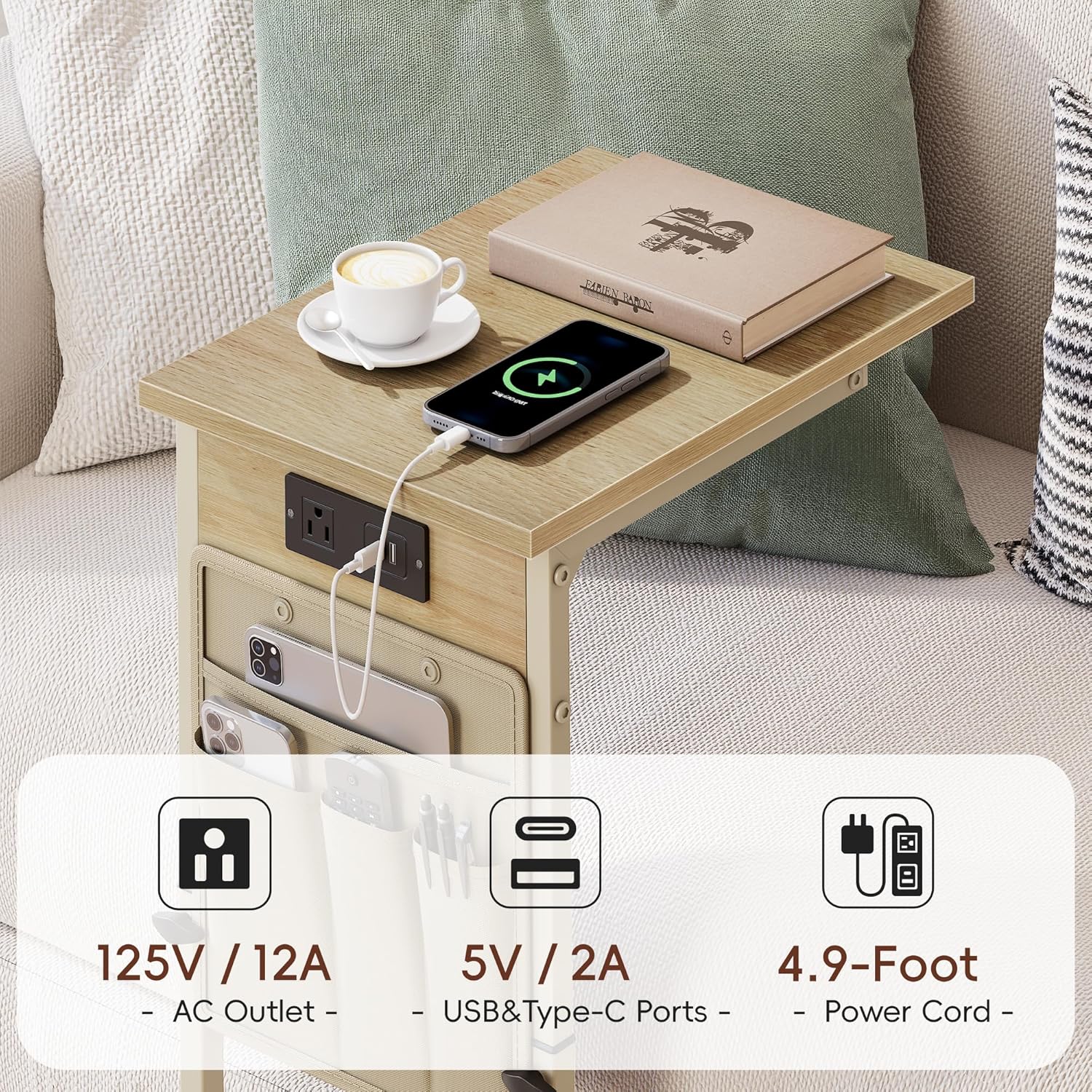 Vagusicc C Shaped End Table with Charging Station, Adjustable Height C Table End Table, Small Side Table for Couch, Couch Table Slide Under Sofa Table TV Tray Arm Table for Living Room,Bedroom,Natural