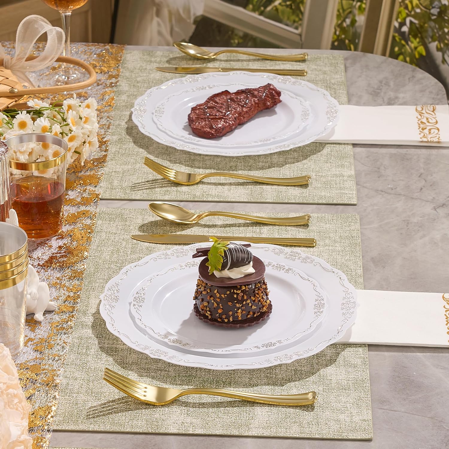 Fijinhom 350 PCS White and Gold Disposable Plates, Elegant Dinnerware Set for 50 Guests, 100 Plastic Plates, 150 Silverware, 50 Cups & 50 Paper Napkins, White and Gold - Image 5