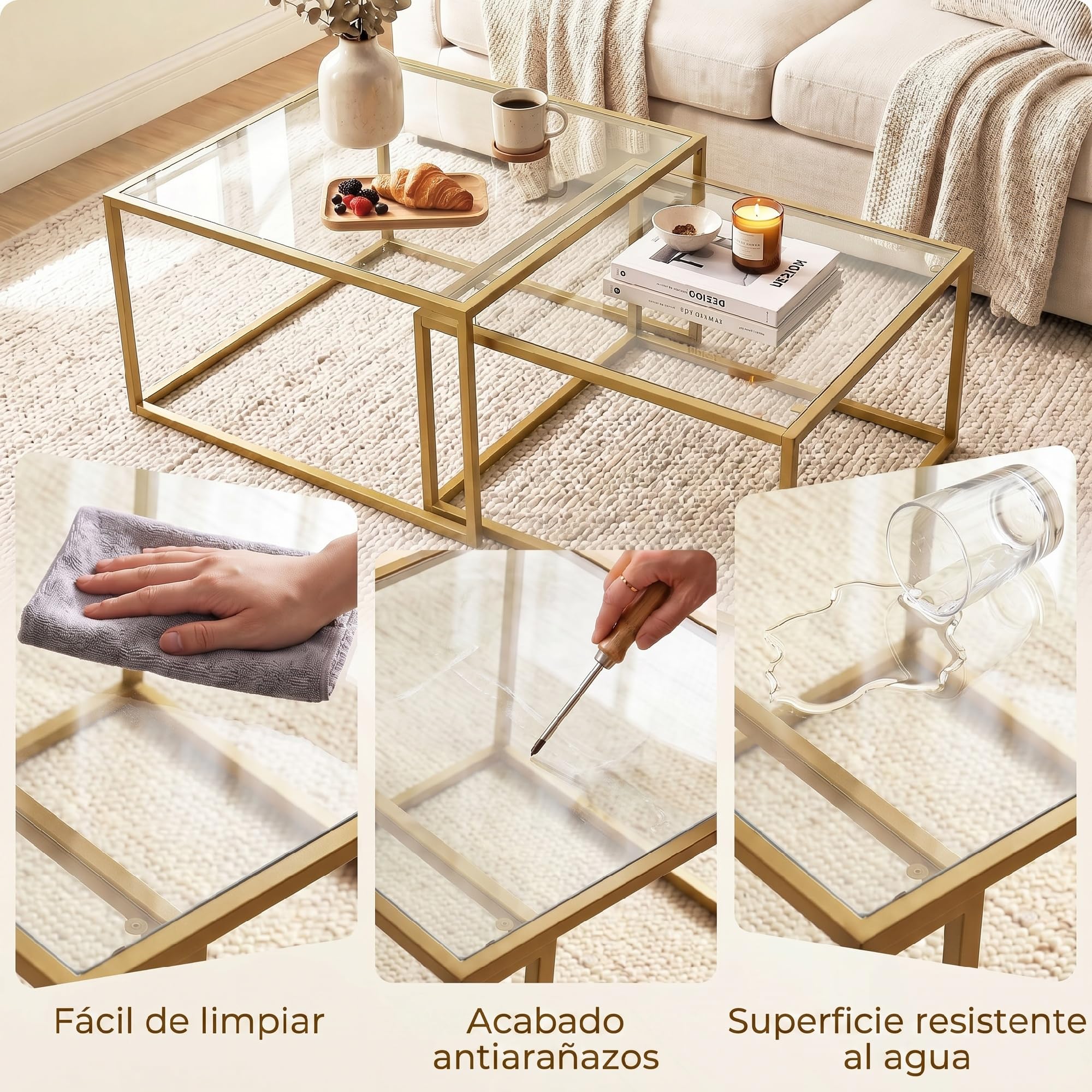 HOMCOM Set de 2 Mesas de Centro Cuadradas Modernas 75x75x42cm Dorado | Mesas Nido, Tablero de Vidrio Templado, Estructura Metálica, Ahorra Espacio, para Salón, Dormitorio u Oficina
