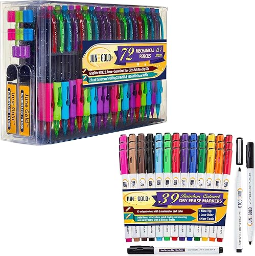 June Gold 32 marcadores de borrado en seco Bullet en 13 colores únicos y 72 lápices mecánicos, plomo HB #2 de 0.028 in, repuestos adicionales