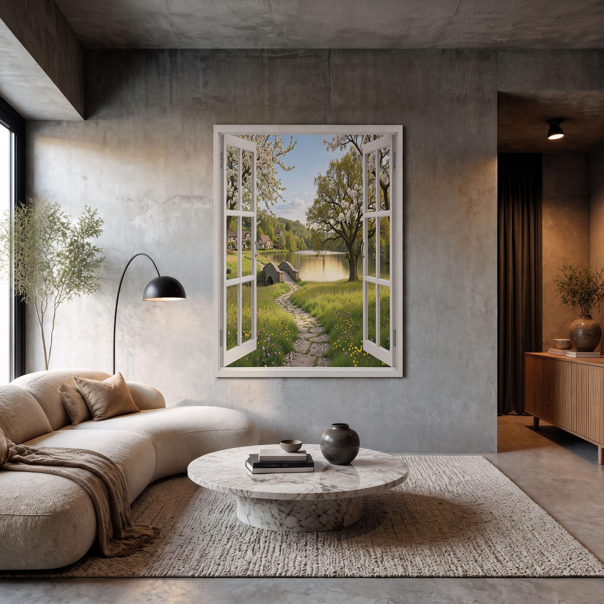 JRISEMECY Sin Marco Cuadros Modernos Verde Vista Desde La Ventana Al Lago Cuadro Decorativos Lienzo Pintura Imágenes Pradera Rural Cabaña Laminas Decorativas Pared Salon Dormitorio Comedor 60X80Cm