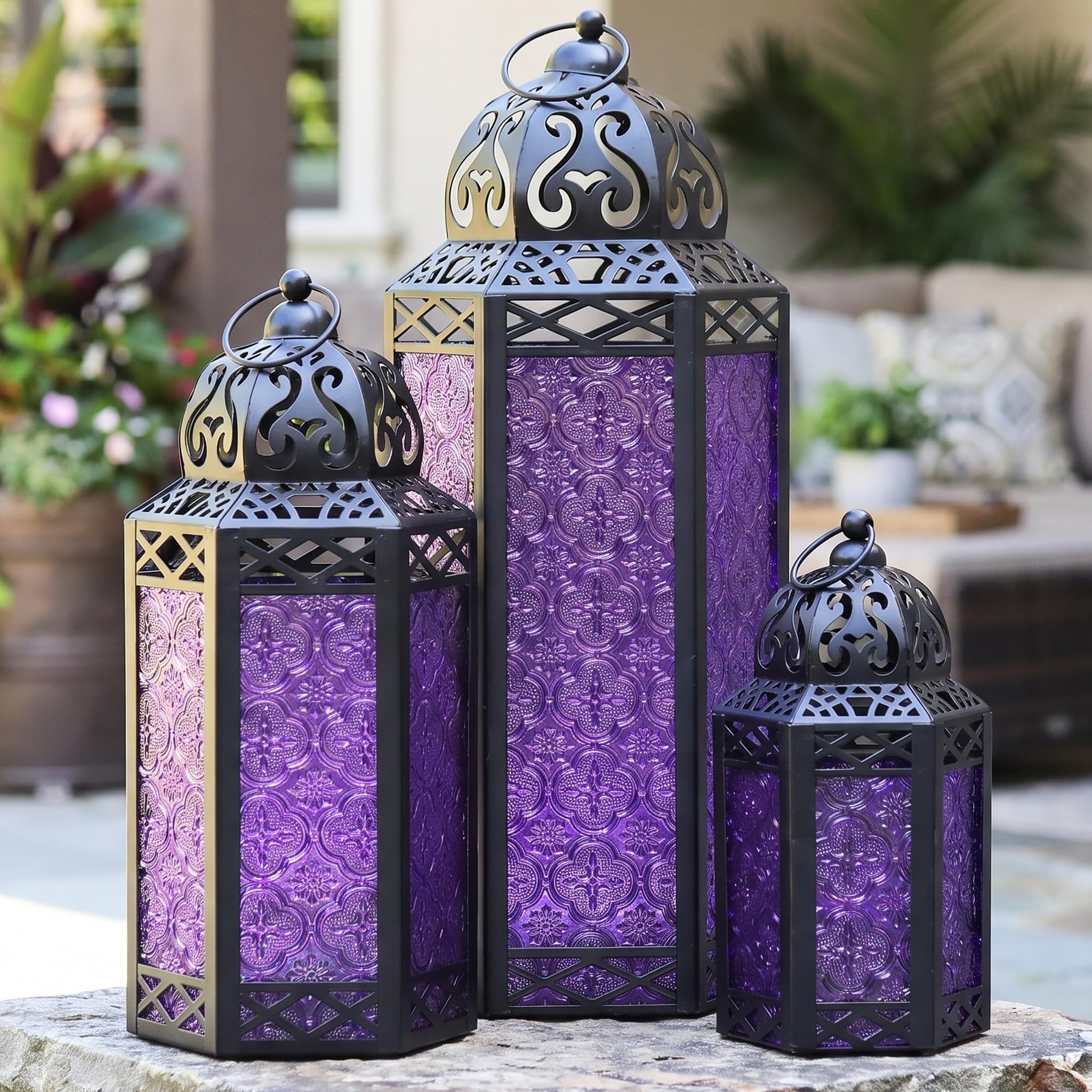 Vela Lanterns Zestaw 3 lampionów marokańskie świeczniki dekoracyjne na podłogę Ramadan dekoracja wnętrz dekoracja domu na zewnątrz patio ganek Halloween ślub fioletowy kolor