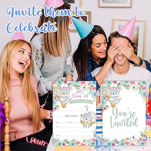 Miniatura 4 de Invitaciones de cumpleaños de acuarela, salgamos el rato! Invitación de koala vegetal, 20 tarjetas con sobres, invitaciones de doble cara para niños