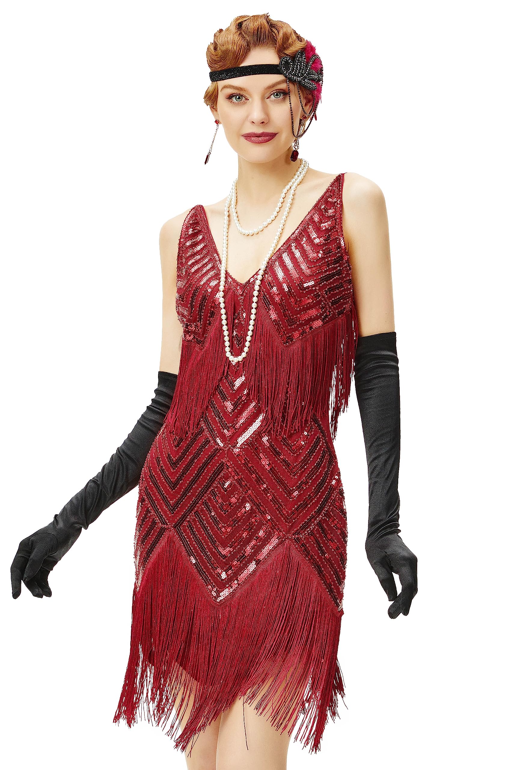 BABEYOND Robe garçonne des années 1920 avec col en V pour Femme - Robe Gatsby Le Magnifique des années 20