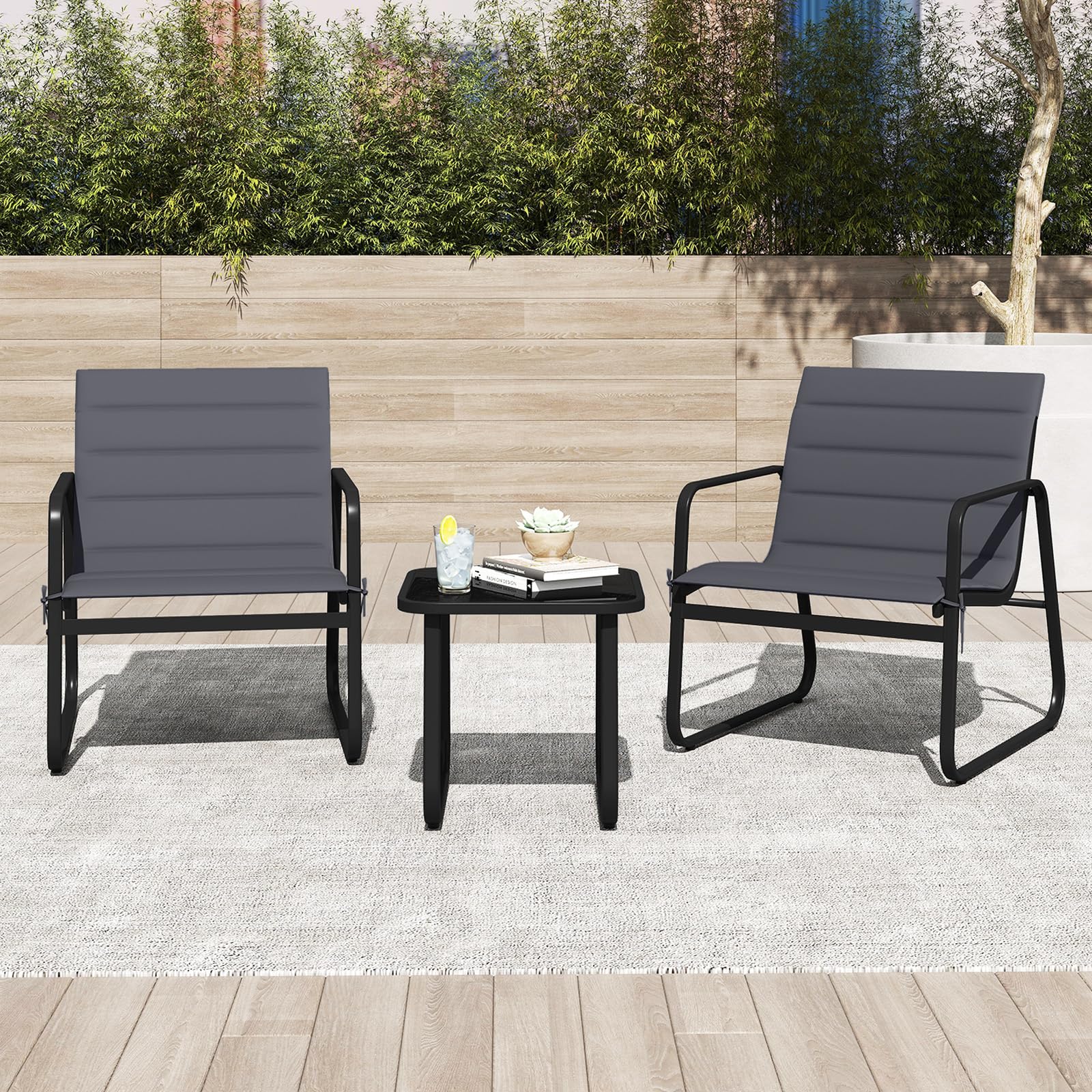 COSTWAY Set Tavolino e Sedie da Giardino, Set Bistrò 3 Pezzi con Cuscini Rimovibili, Tavolo in Vetro Temperato, Struttura in Metallo, per Patio, Cortile e Piscina (Modello 3)