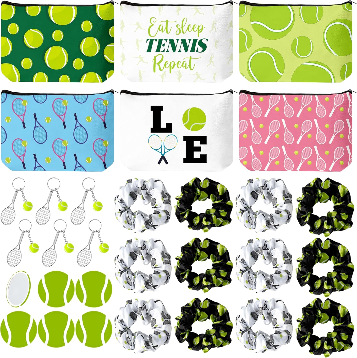 Y1tvei 30Pcs Tennis Cosmetic Bag Hair Scrunchies Round Mirrors Racket Keychain Tennis Party Favors Gifts, Sports Makeup Bag Accessories for Women Girls Sports Lovers Players Team Party Decor Supplies