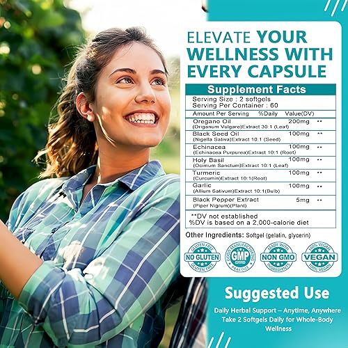 Miniatura 7 de Aceite de orégano con cápsulas blandas de aceite de semilla negra, aceite de alta absorción de cápsulas de orégano con ajo de cúrcuma de equinácea,
