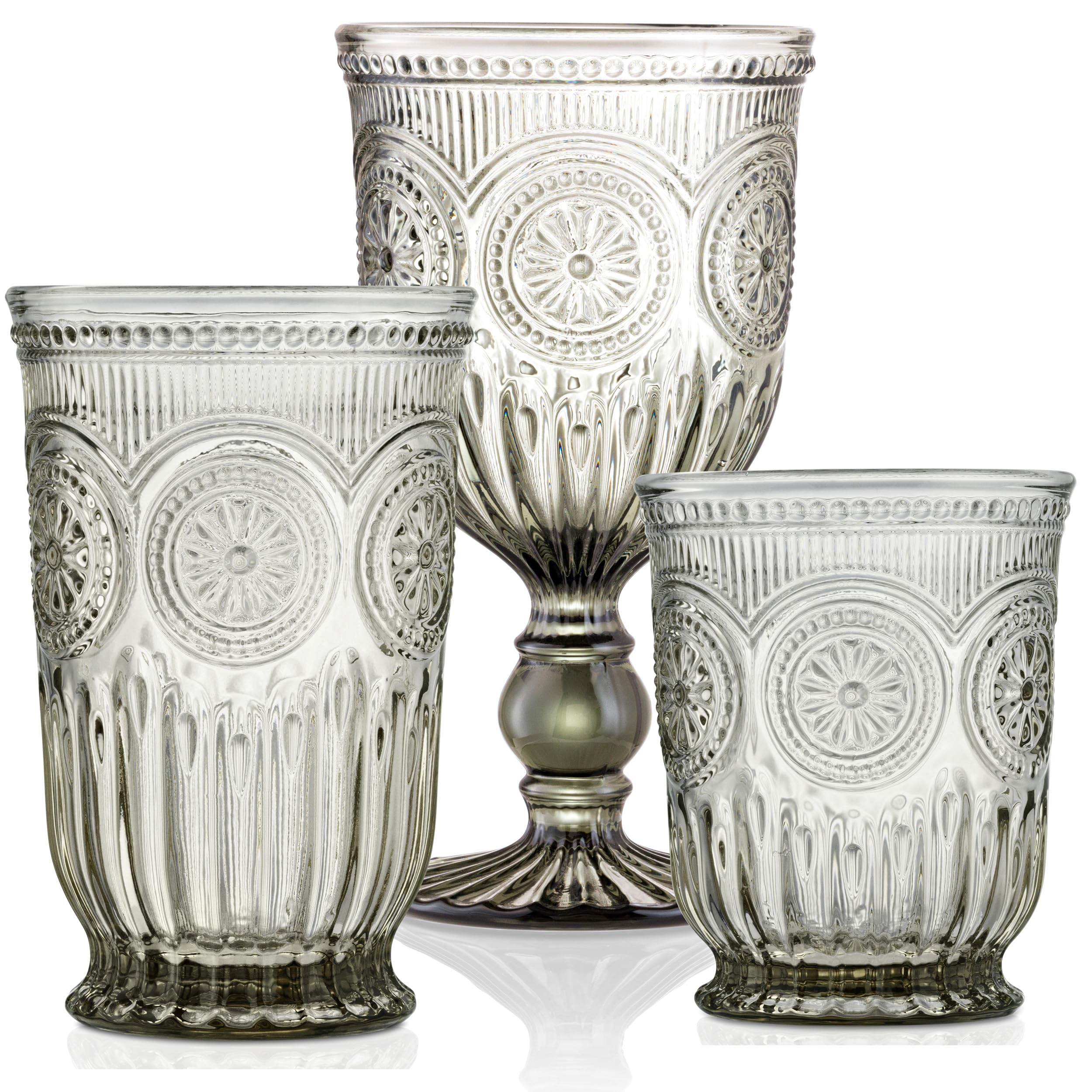 Yungala Smokey Black Glassware Bundle - Wine Highball Small Drinking Glasses - Sunflower Emboss Design