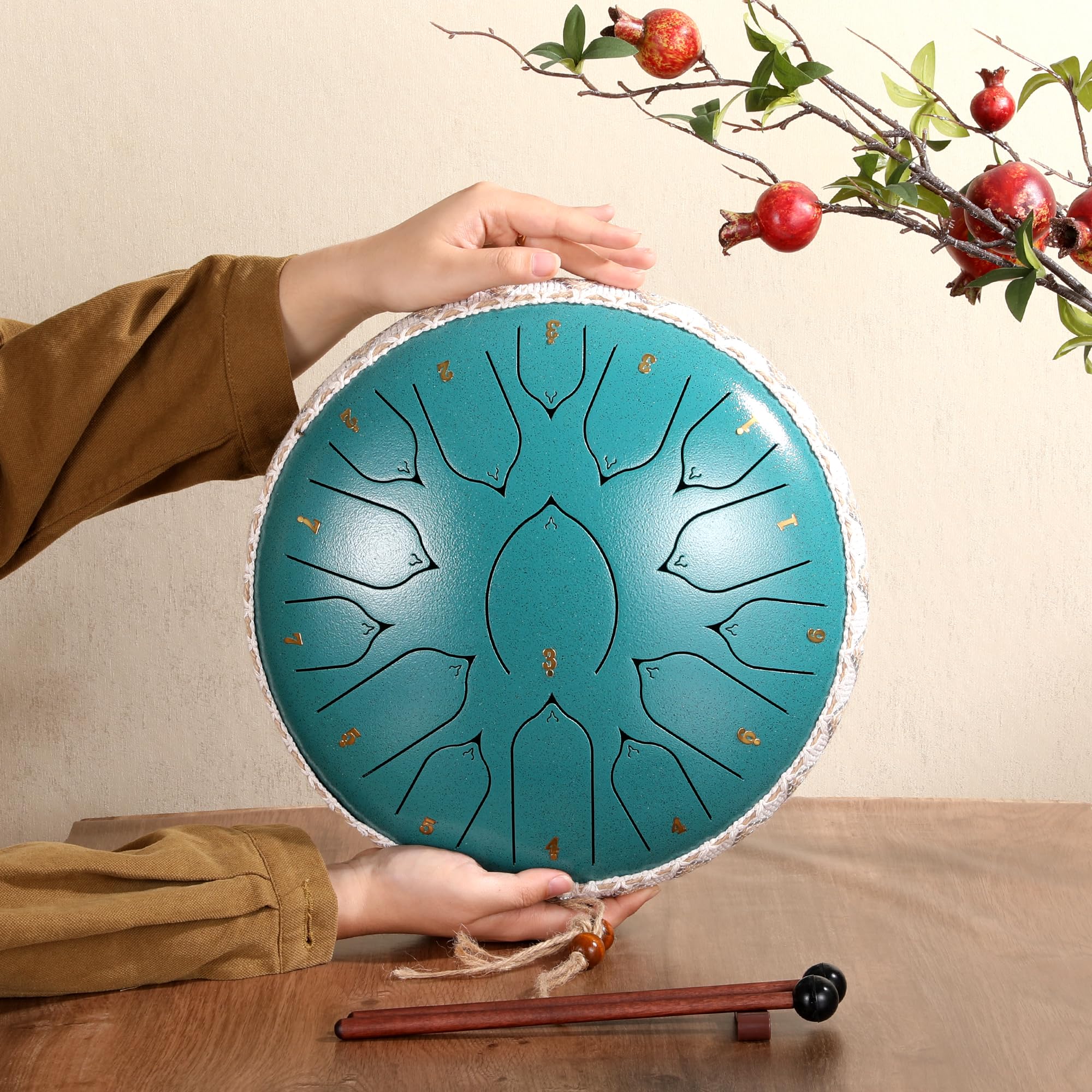 ZXZYHFTY Steel Tongue Drum, 13 Zoll 15Note Stahl Handtrommel mit Tasche, Notenbuch, Drumsticks, Schlägelhalter und Fingerpaddel, für Camping, Meditation oder Yoga (Malachit)