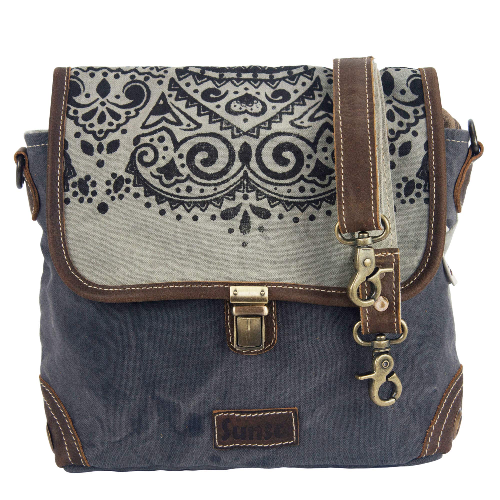 Sunsa Damen Umhängetasche. Canvas/Leder Messenger Tasche. Grau/schwarz
