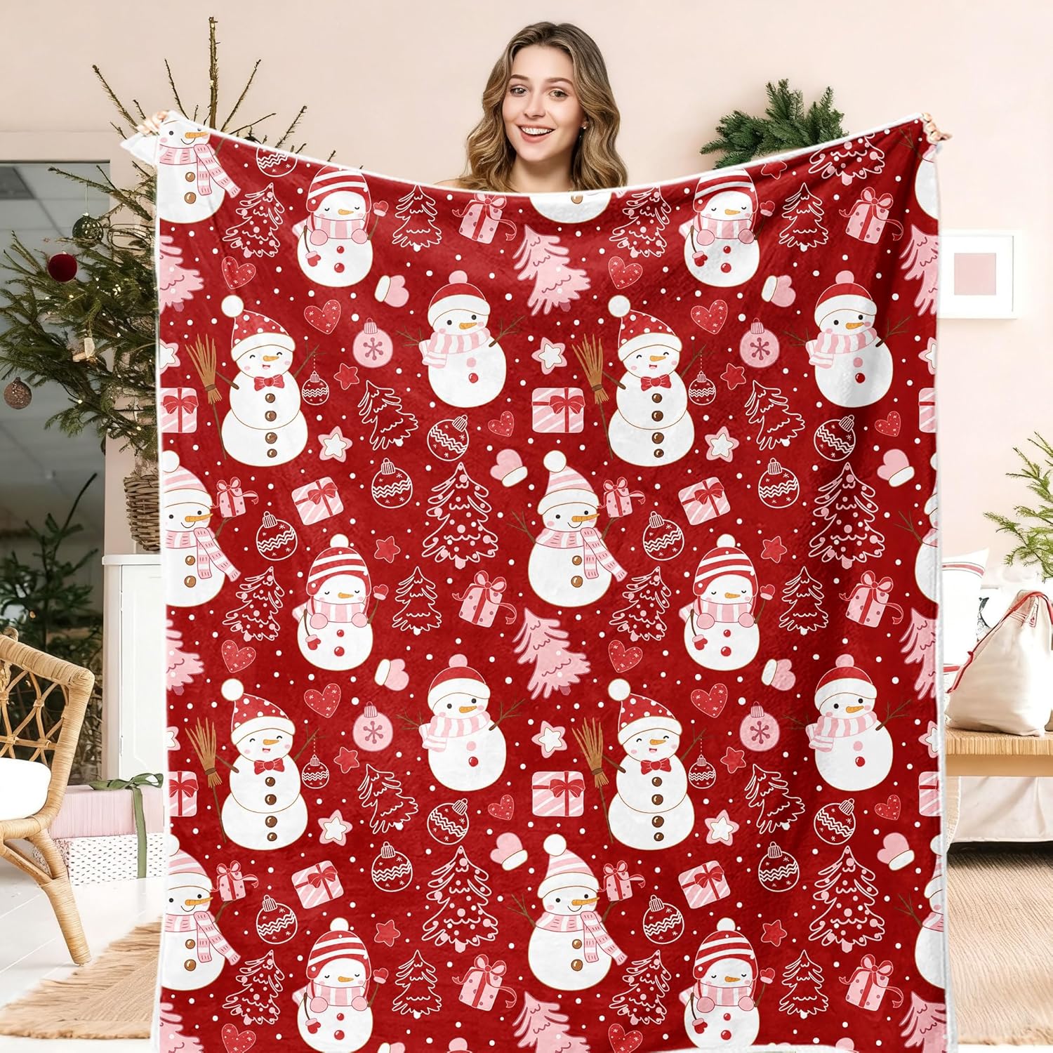 Christmas Throw Blanket, Soft Fleece Red Snowflake Blanket Home Décor Plush Christmas Throws Bed Blanket Throws for Winter Bedding Couch, 50x60 Inches