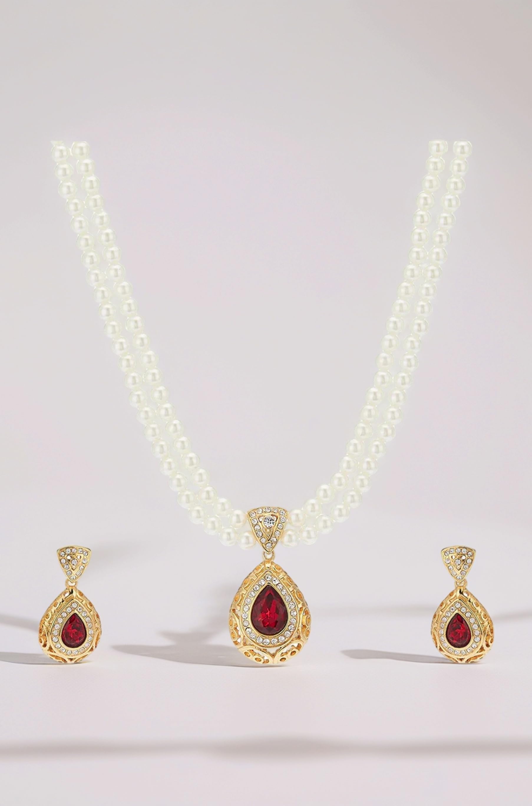 Jewellery For Women Gold Plated Two Layered Aesthetic White Pearl Necklace set with Red & White Crystals for Women-9063 NKER