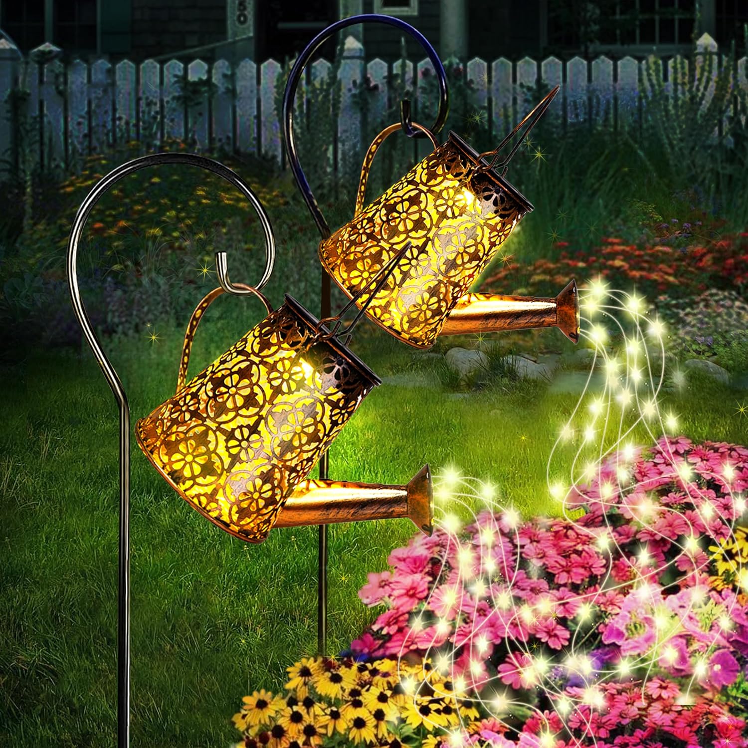 Solar Garden Watering Can Lights with Cascading Lights, 2 Pack Outdoor Hanging Lanterns for Garden Decor,Fairy Gardening Gifts for Mom Birthday, Perfect for Patio Yard Pathway