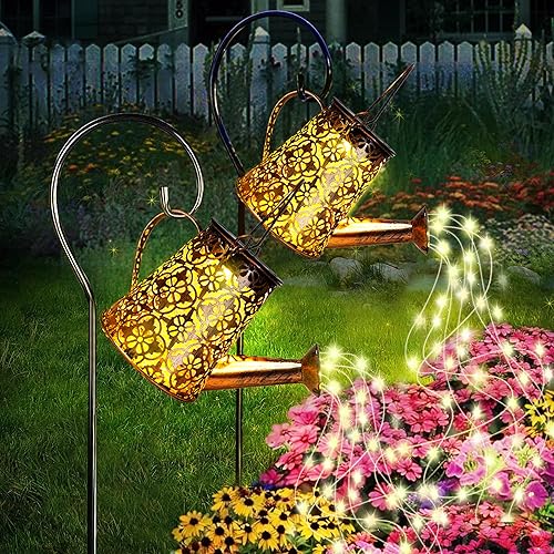 Miniatura 7 de Luces solares para regadera de jardín con luces en cascada, paquete de 2 linternas colgantes al aire libre para decoración de jardín, regalos de