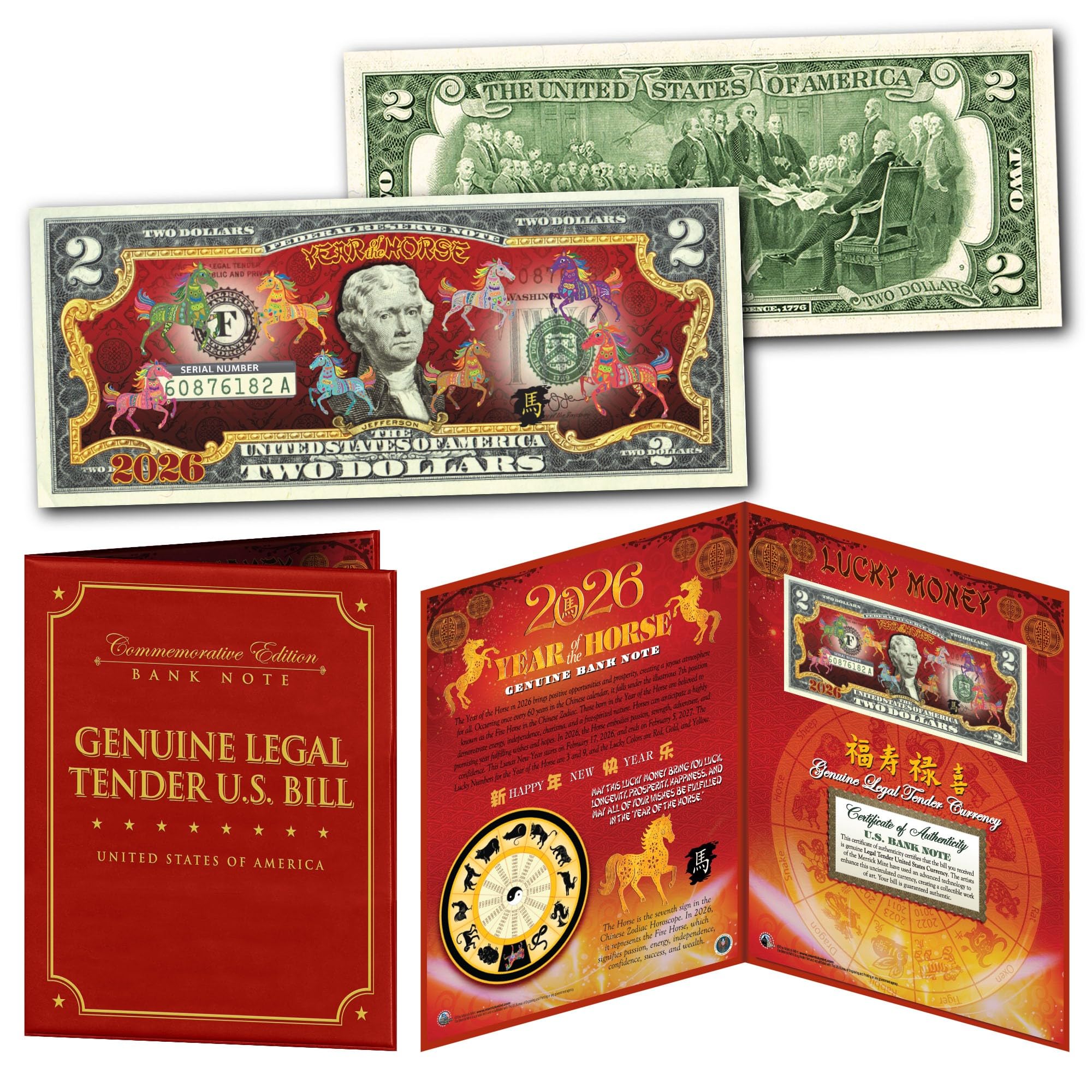 2026 Chinese Lunar New Year of The Horse Polychromatic 8 Colorized Dragons Uncirculated Two Dollar Bill Special Edition in Collectible 8x10 Large Display Folio