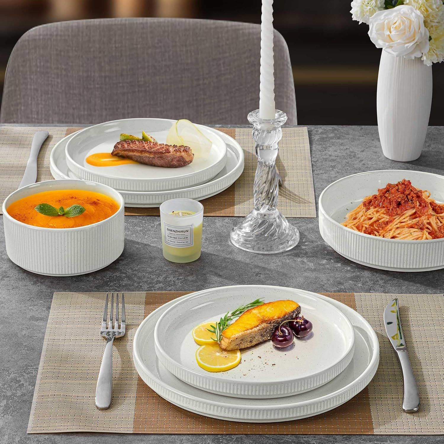 LIANYU Dinnerware Sets with Pasta Bowls for 4, 16 Piece Stoneware Plates and Bowls Set, Ribbed Dishes Dishware for Home Kitchen, Microwave and Dishwasher Safe, Speckled White