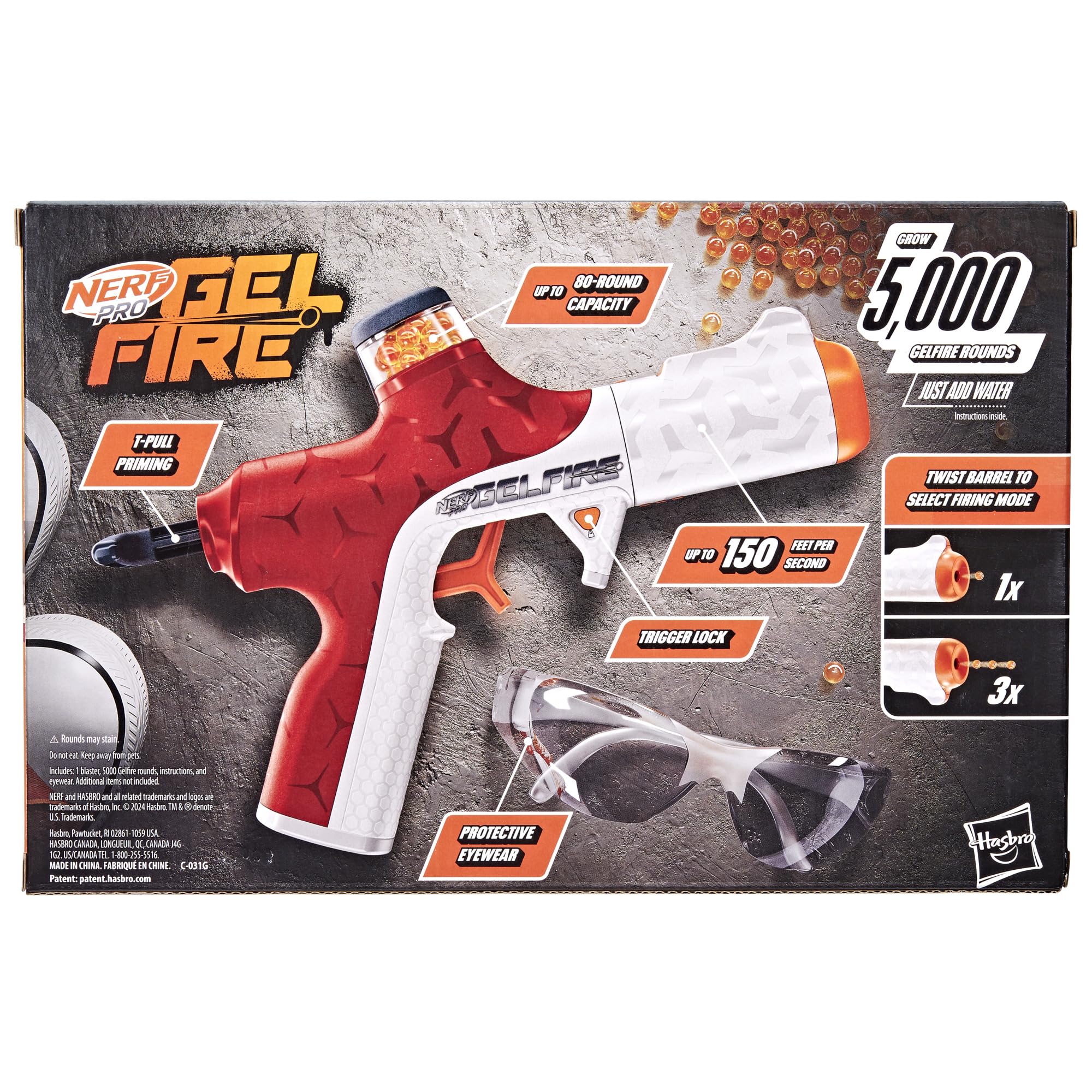 Nerf Pro Gelfire Twist Shot Blaster, 150 FPS, 5.000 cartucce Gelfire, alimentazione T-Pull, caricatore integrato da 80 cartucce, occhiali protettivi per età superiore ai 14 anni