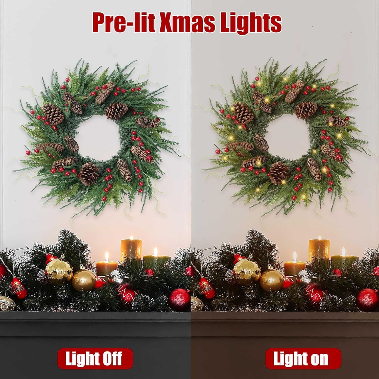 24’’ Real Touch Norfolk Pine Wreath Artificial Christmas Green Wreath for Front Door with Red Berries Pinecones Christmas Decorations for Winter Farmhouse Wall Indoor Outdoor Home Holiday Xmas Decor - Image 6