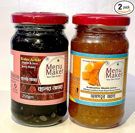 Menu Maker Select Premium Kuler Achar [Sweet & Sour Berry Pickle] and Aamsatter Mishti Achar [Mango Leather/Aam Papad Sweet Pickle] Combo Pack, 250g Each
