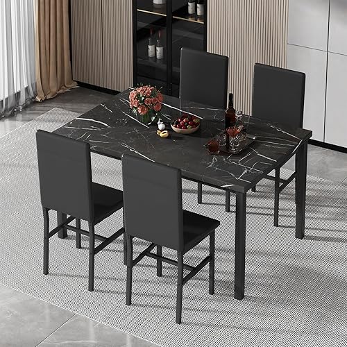 Miniatura 4 de DKLGG Juego de 4 mesas de comedor para 4, juego de 4 mesas y sillas de cocina de mármol sintético, moderno juego de mesa de comedor de 5 piezas con