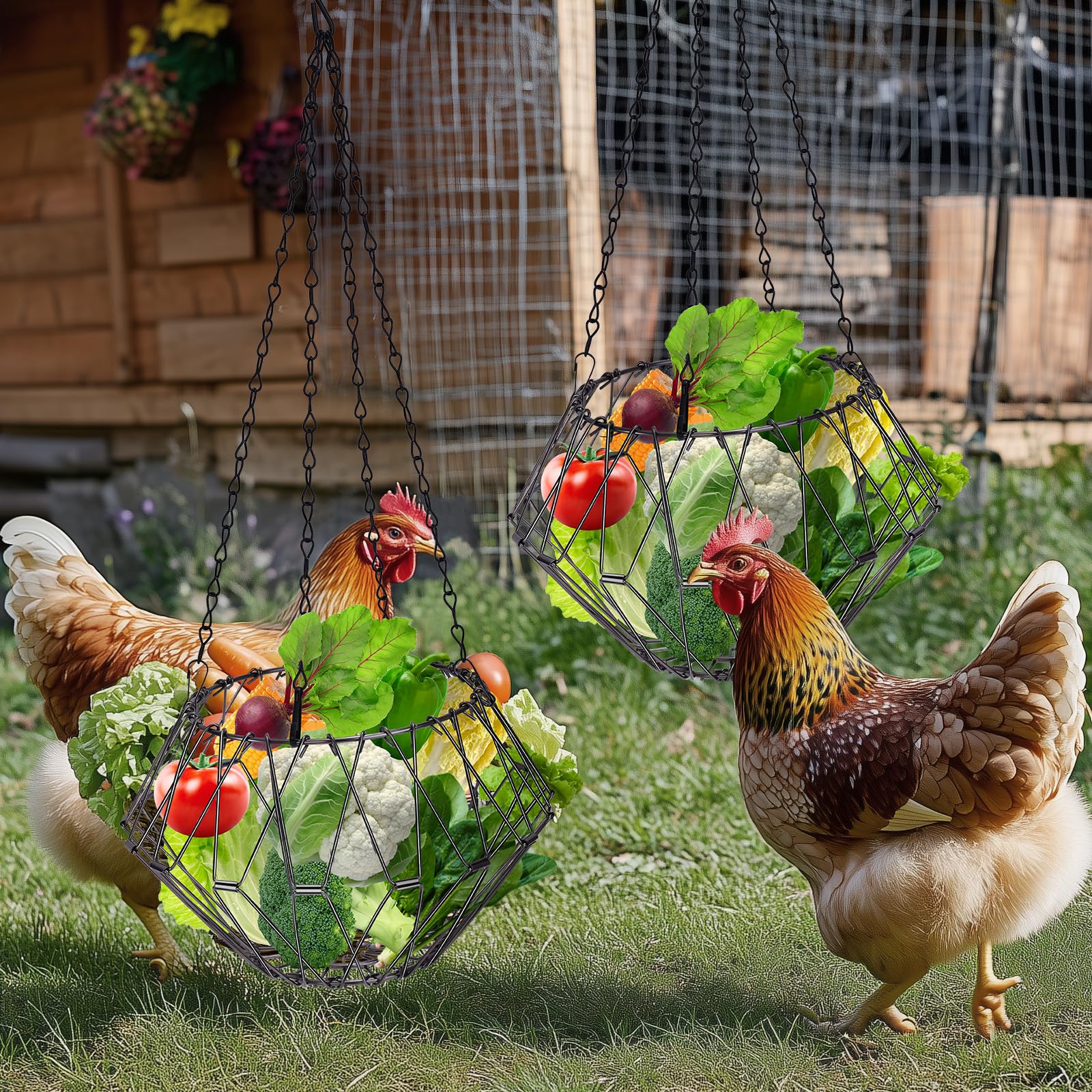 Produktbild von CLIUNT Hühner Gemüse Hängeautomat – Faltbarer Futterspender Aus Eisen, Mit 4 Ketten, Für Hühner, Enten, Gänse, Obst- Und Gemüseaufhängung, Spart Platz Und Futter