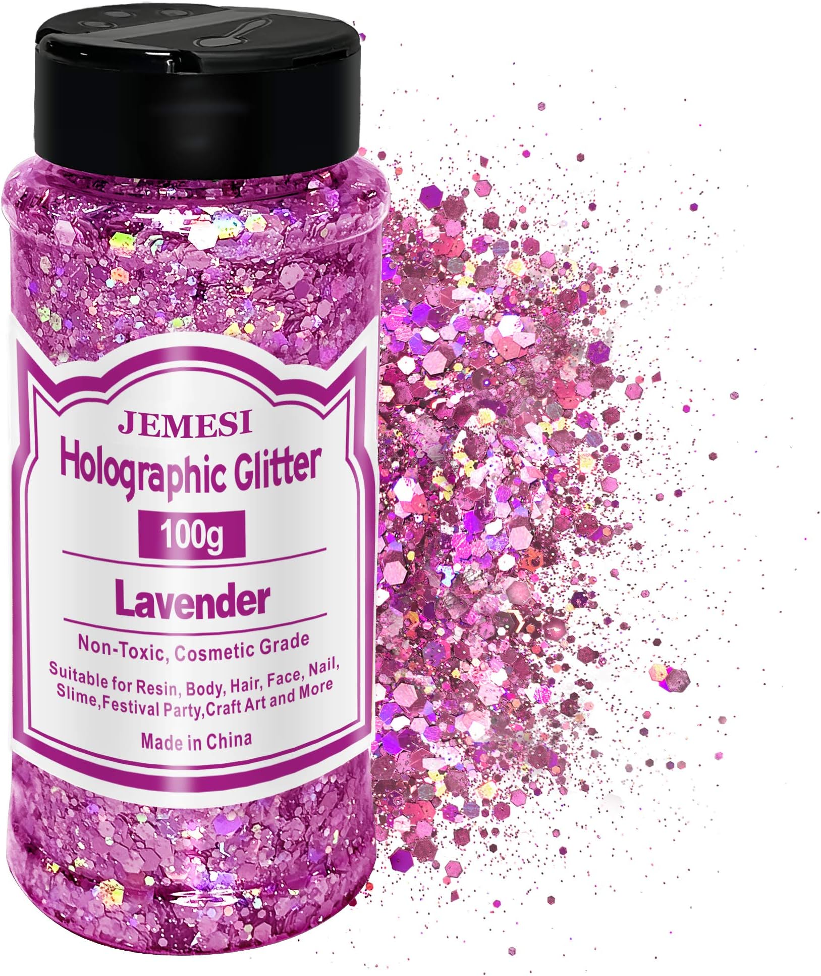 Holographic Chunky Glitter, JEMESI 100g Craft Glitter, Face Glitter, Cosmetic Grade Sequins Glitter for Body, Eyes, Epoxy Resin, Festival Party Art and More - Lavender