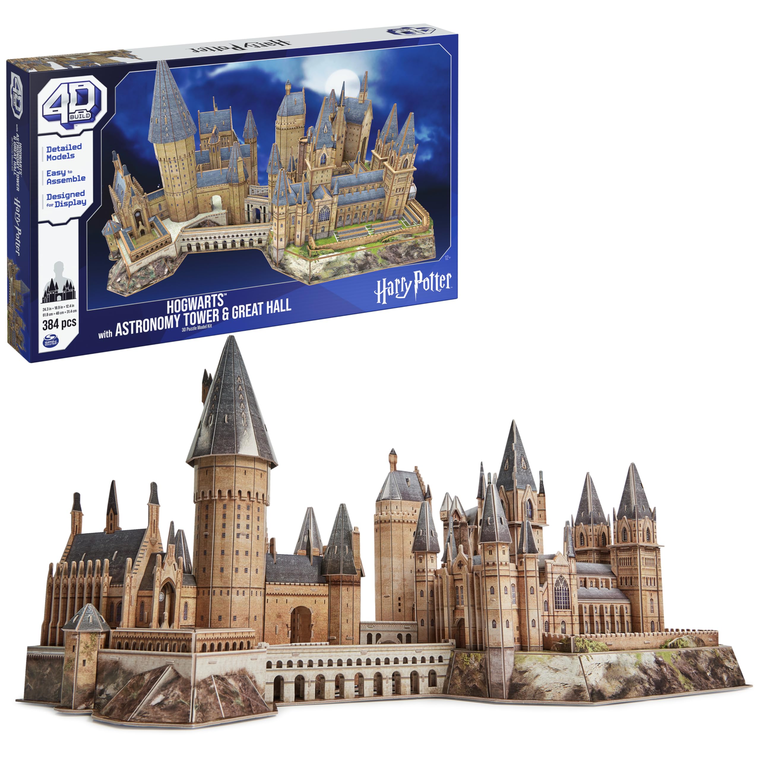 4D Build, Harry Potter Deluxe Hogwarts Castle 3D Model Kit with Tower & Great Hall, Harry Potter Collectibles & Desk Decor, Adult Puzzle, Building Toys, 384 Pieces, 3D Puzzles for Ages 12 & Up