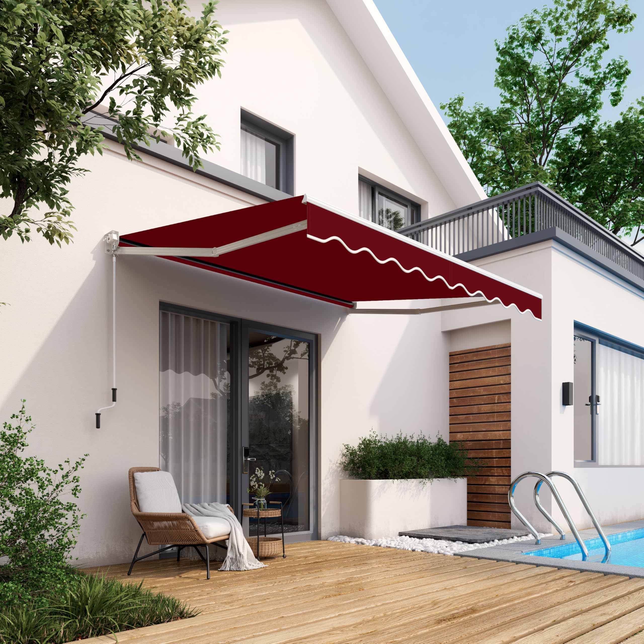 RELAX4LIFE Tenda da Sole a Bracci Estensibili Avvolgibile 295x250cm, Base Universale Parete/Soffitto, Manovella Manuale, Angolazione Regolabile, Telo Impermeabile, Alluminio, ROSSO